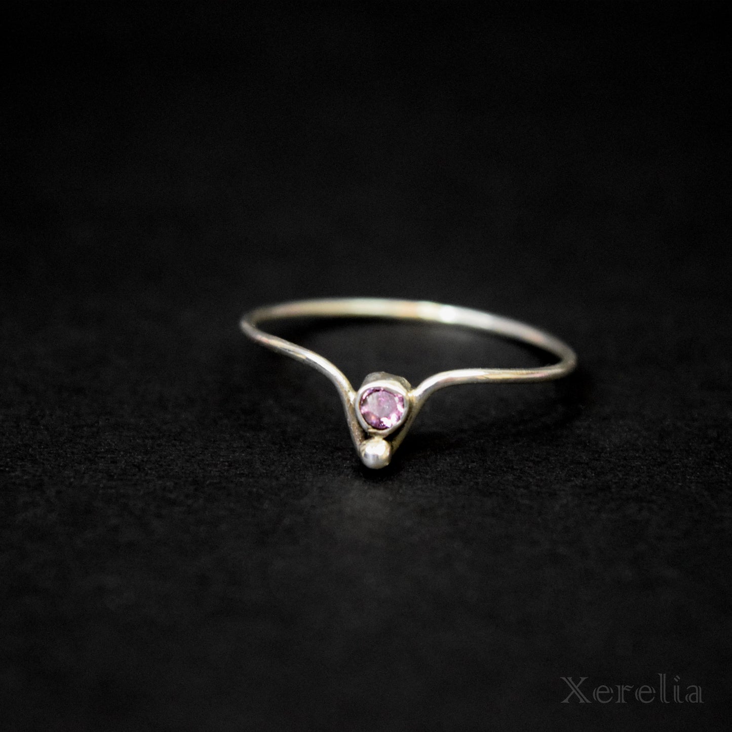 Pink Faceted Gem Silver V Ring