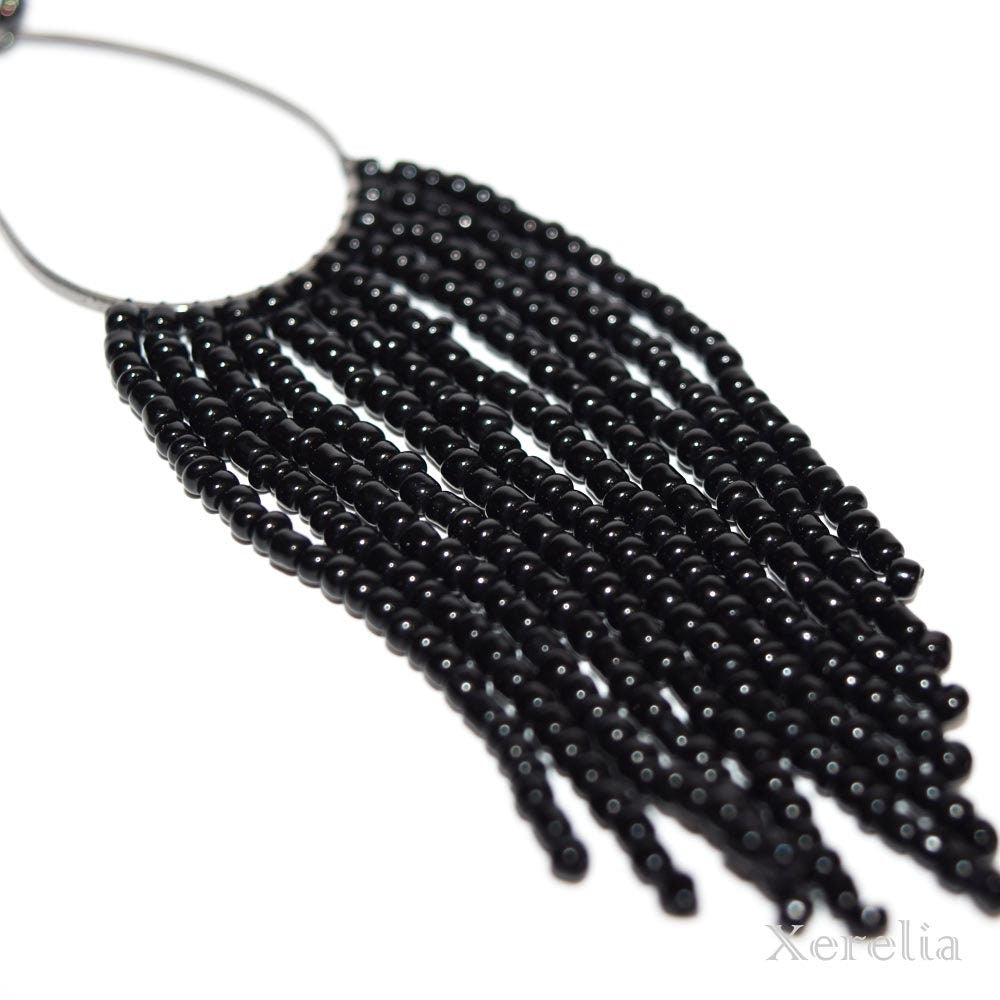 Black and Gunmetal Fringe Hoop Beaded Earrings