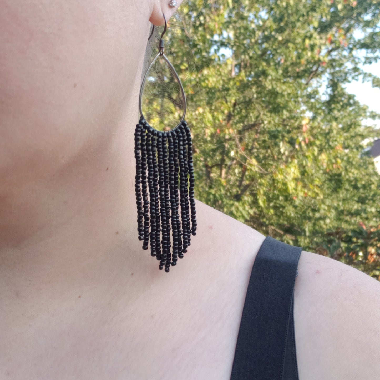 Black and Gunmetal Fringe Hoop Beaded Earrings
