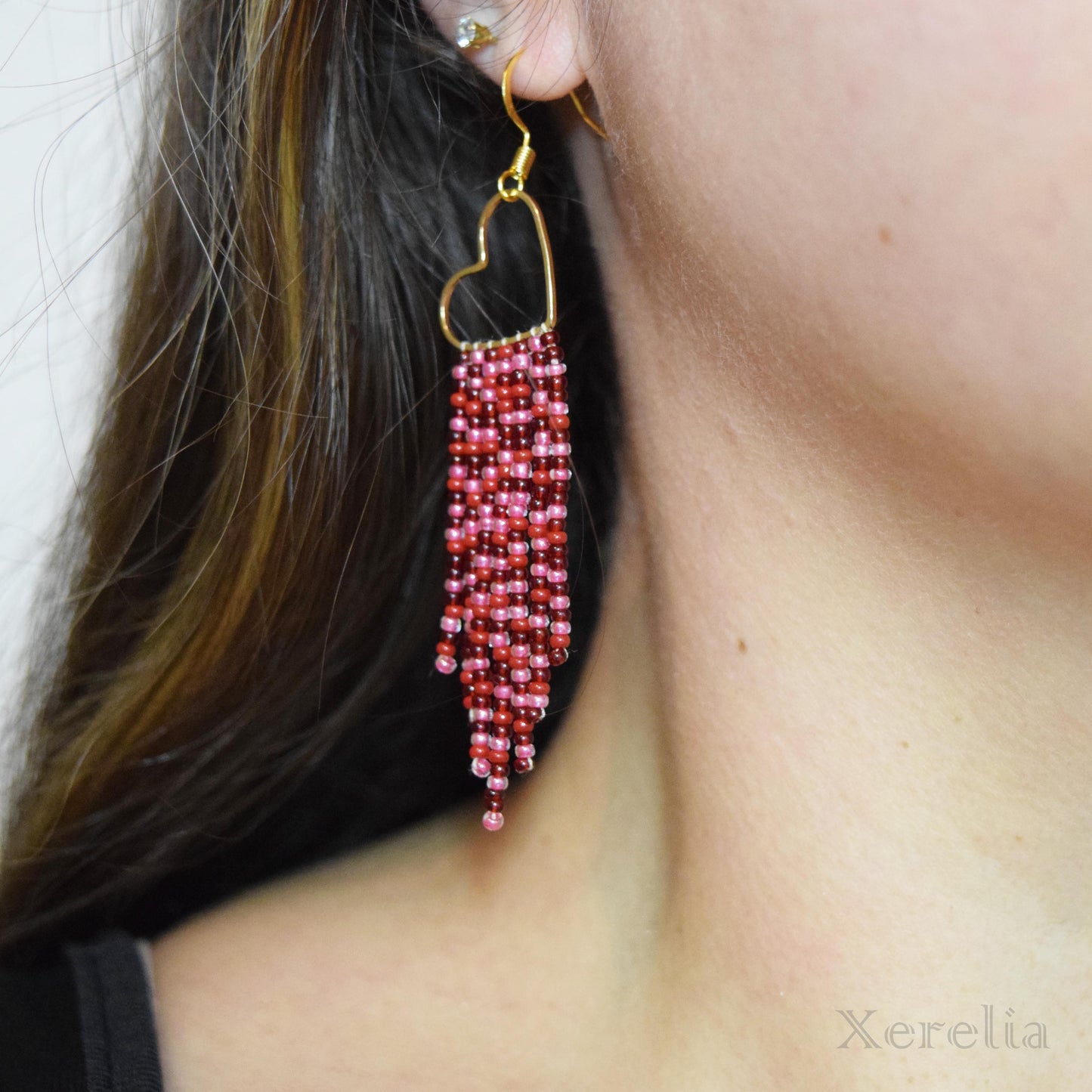 Wine Red Heart Hoop Fringe Earrings