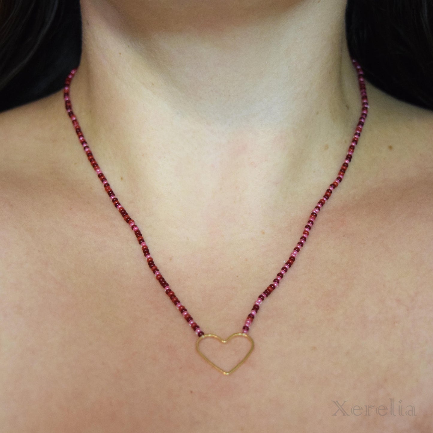 Wine Red Heart Hoop Necklace