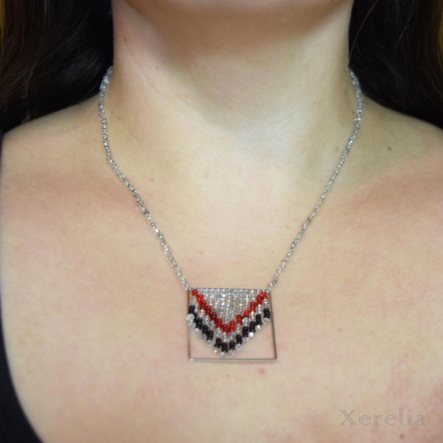 Silvery, Black and Red Fringe Necklace