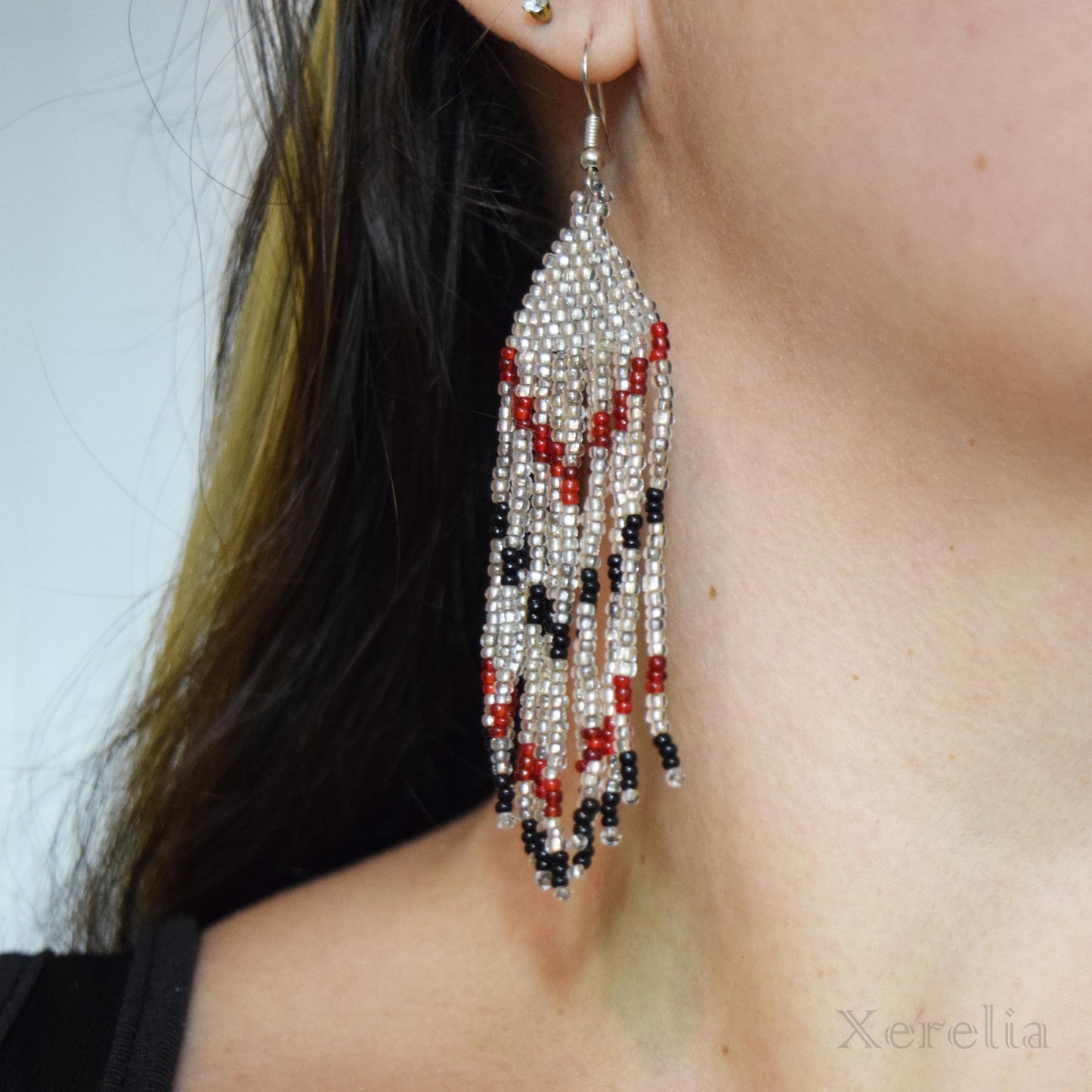 Silvery, Black and Red Fringe Earrings