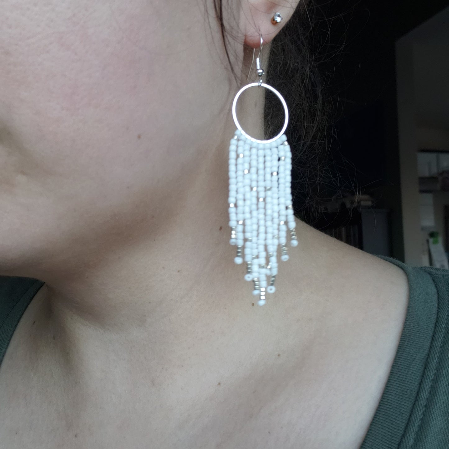 White Fringe Hoop Earrings