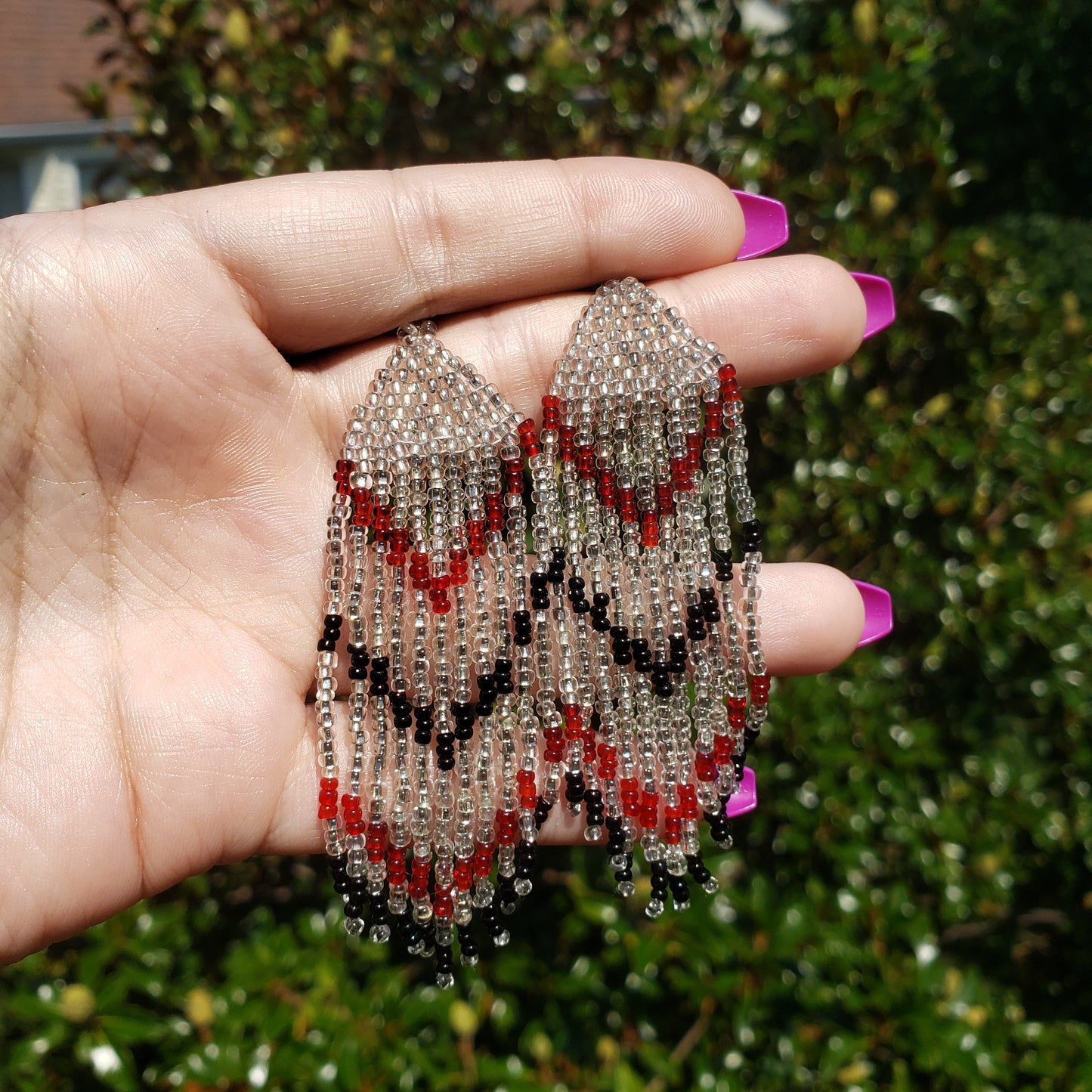 Silvery, Black and Red Fringe Earrings