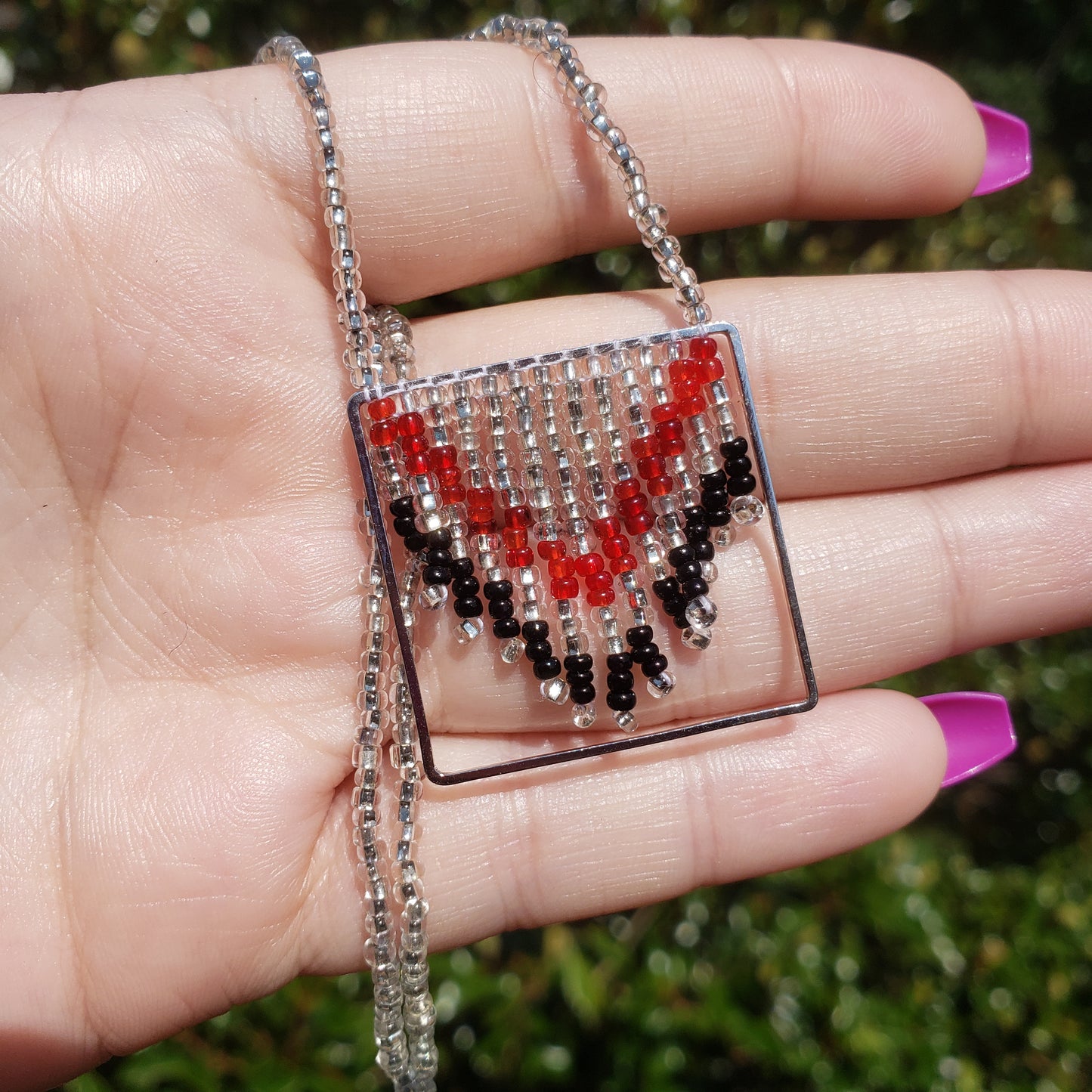 Silvery, Black and Red Fringe Necklace