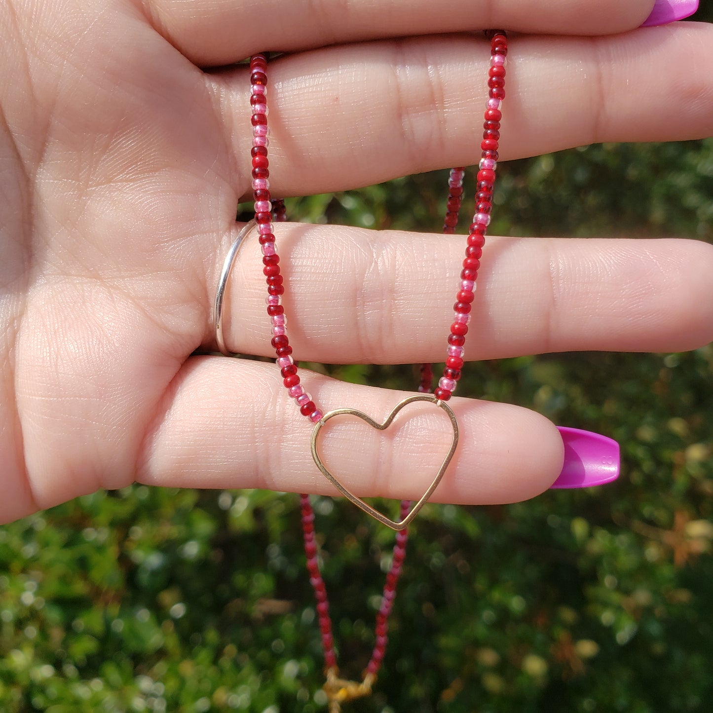 Wine Red Heart Hoop Necklace