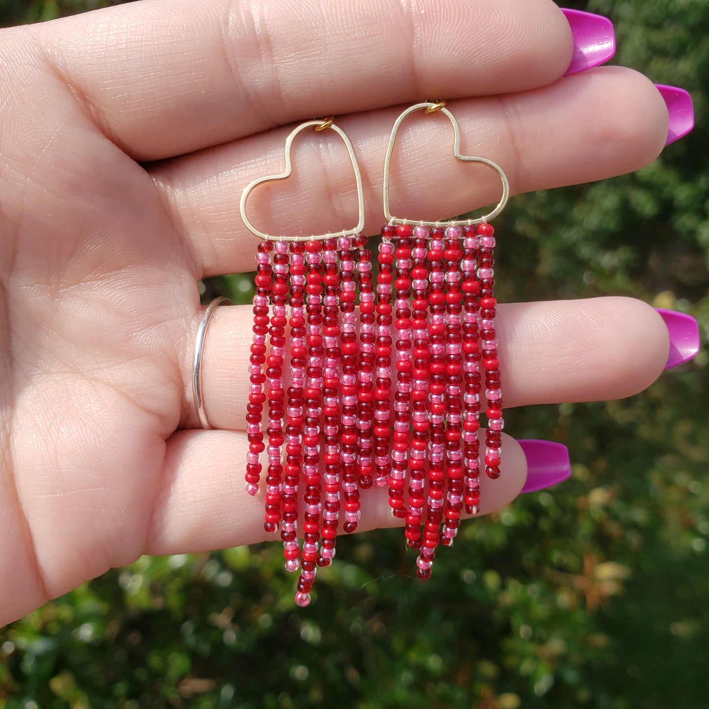 Wine Red Heart Hoop Fringe Earrings