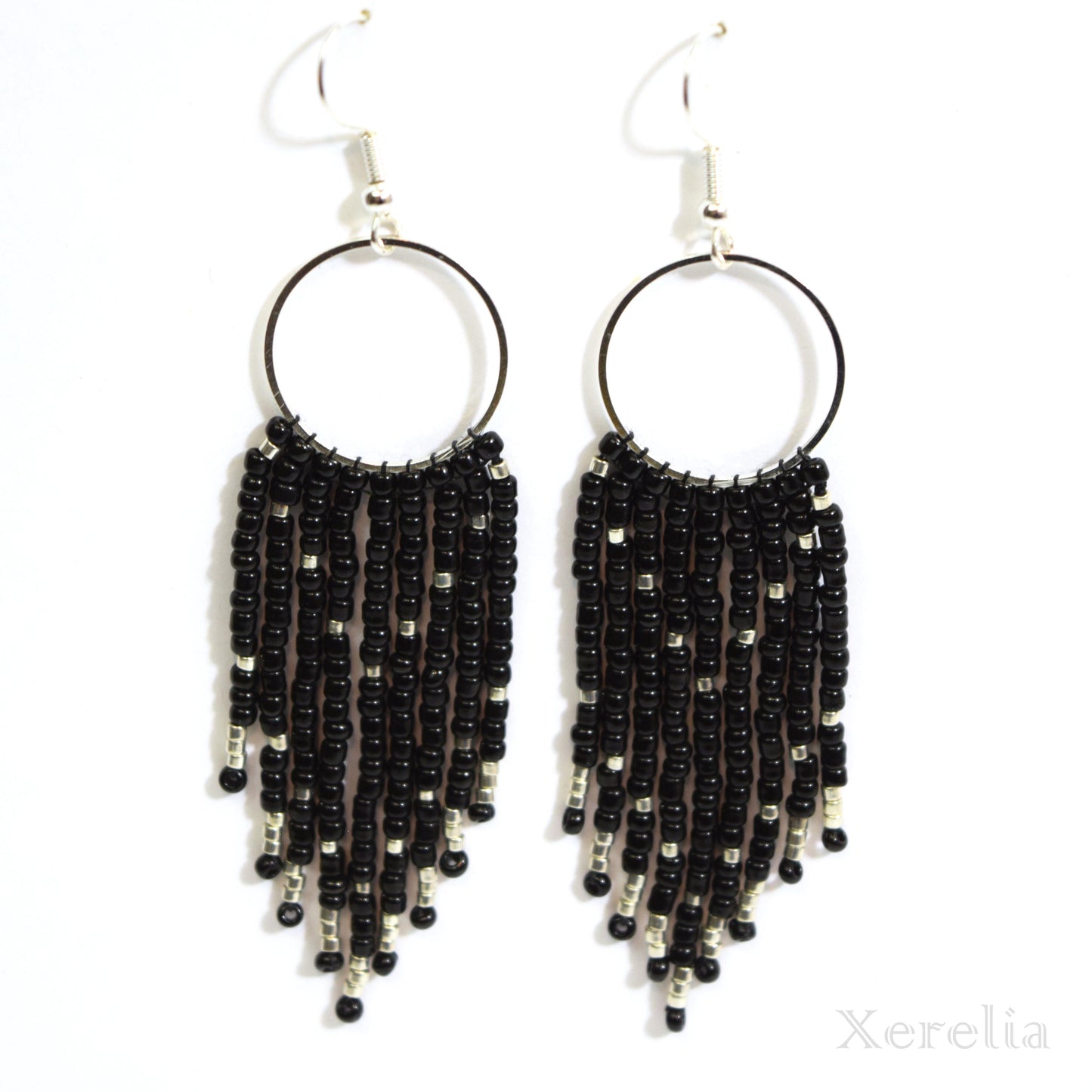 Black Fringe Hoop Beaded Earrings Silver or Gold