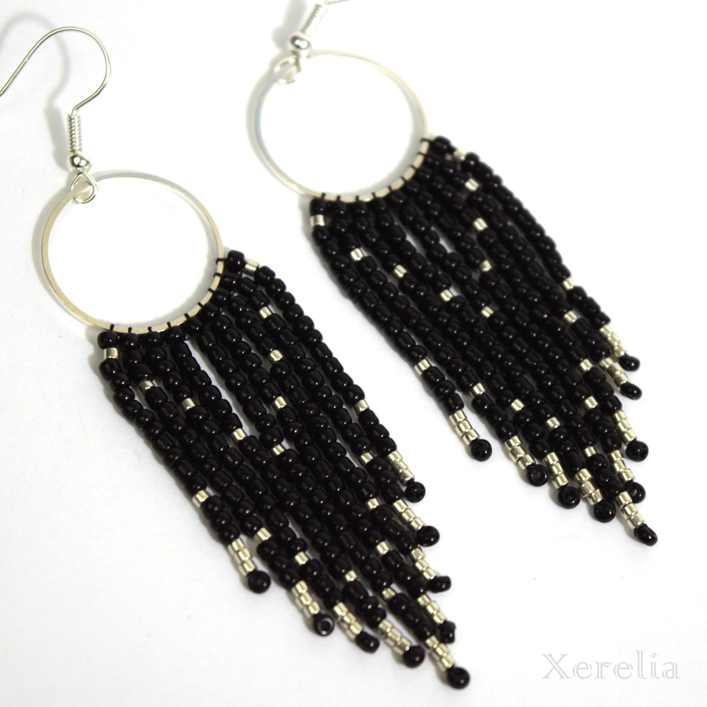 Black Fringe Hoop Beaded Earrings Silver or Gold