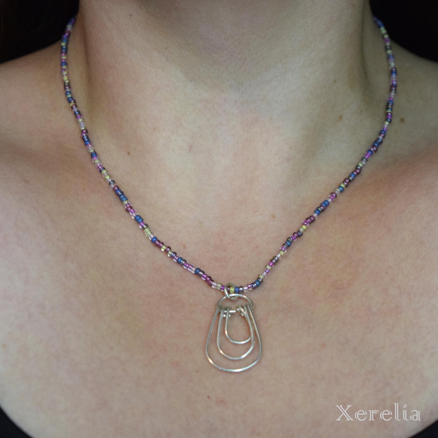 Purple and Silver Teardrop Hoop Necklace