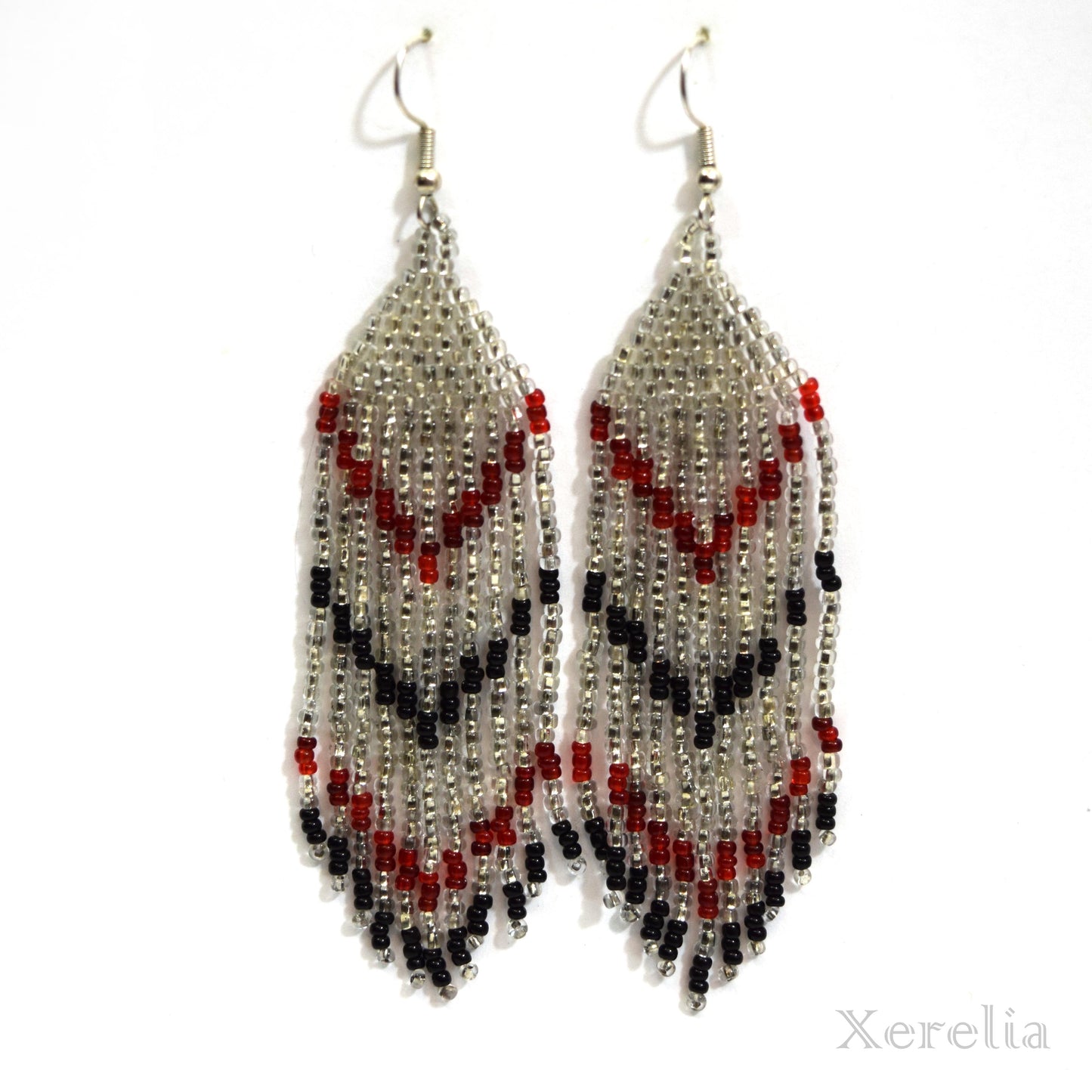 Silvery, Black and Red Fringe Earrings