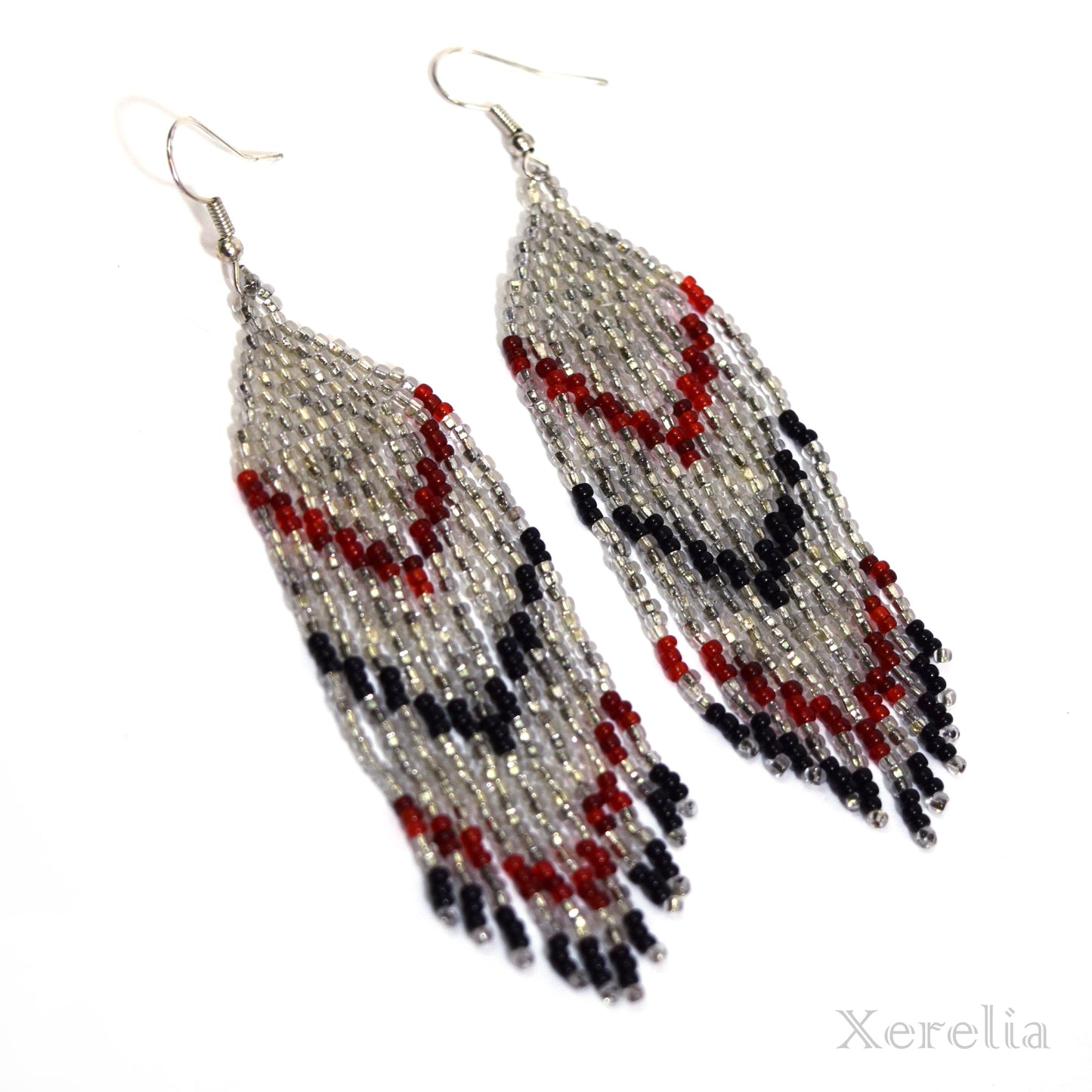 Silvery, Black and Red Fringe Earrings