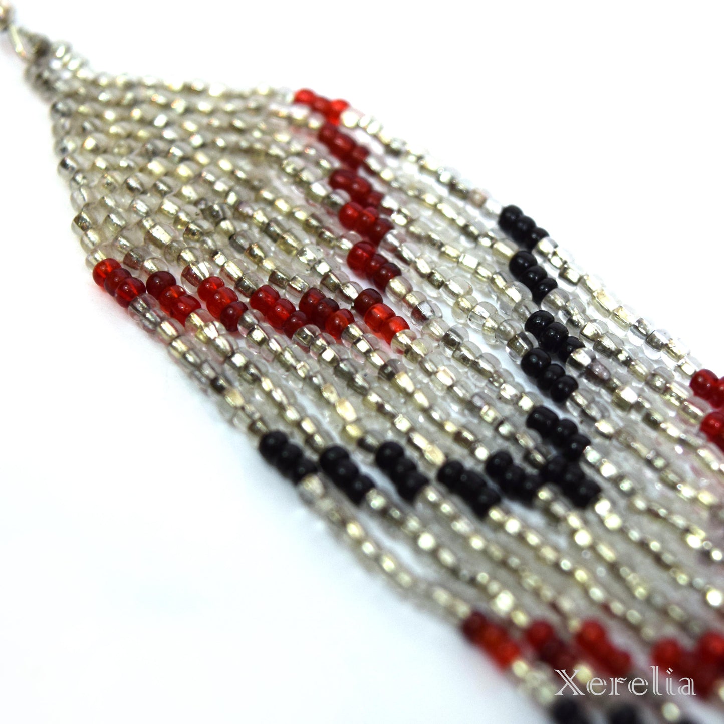 Silvery, Black and Red Fringe Earrings