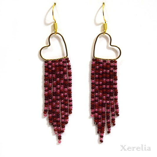 Wine Red Heart Hoop Fringe Earrings