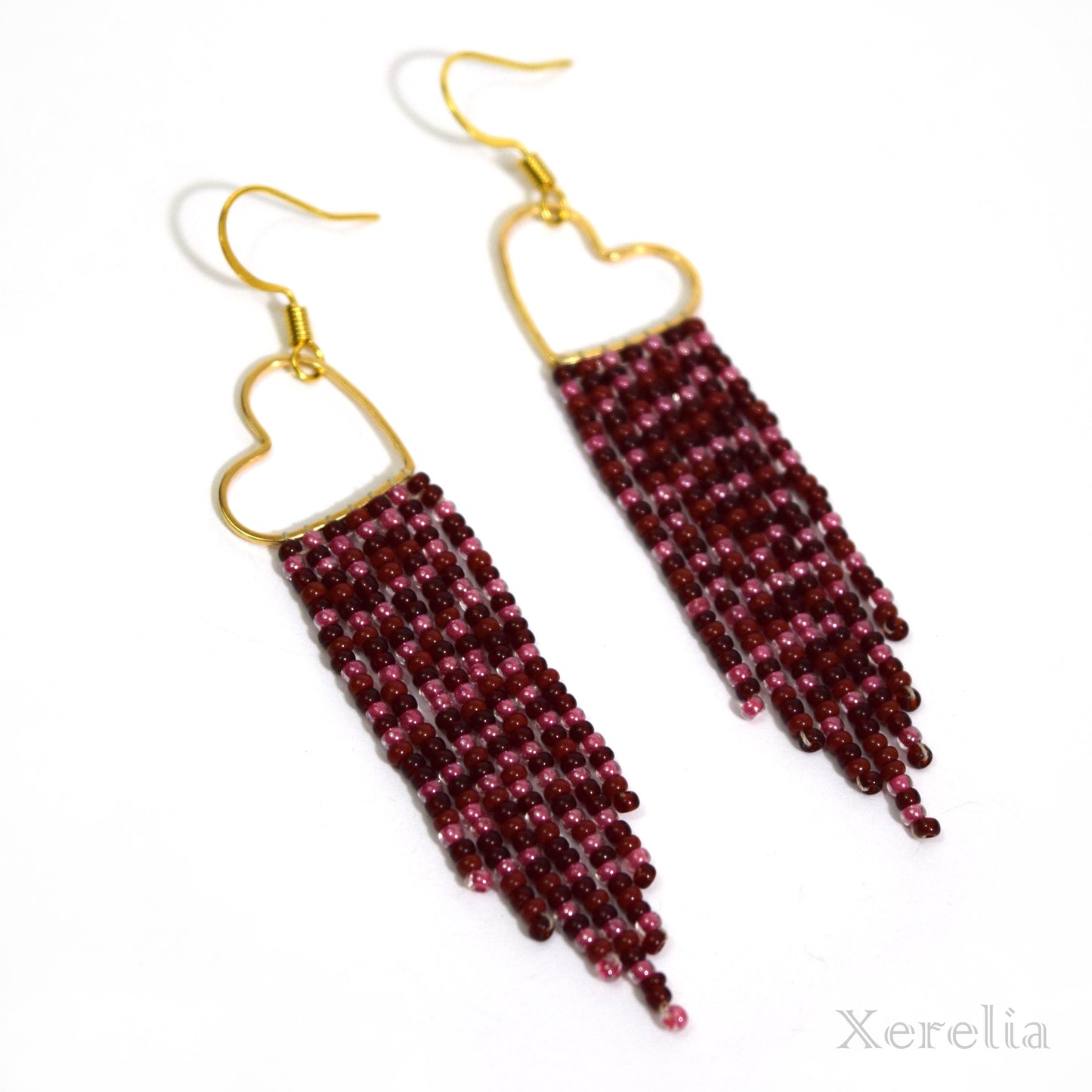 Wine Red Heart Hoop Fringe Earrings