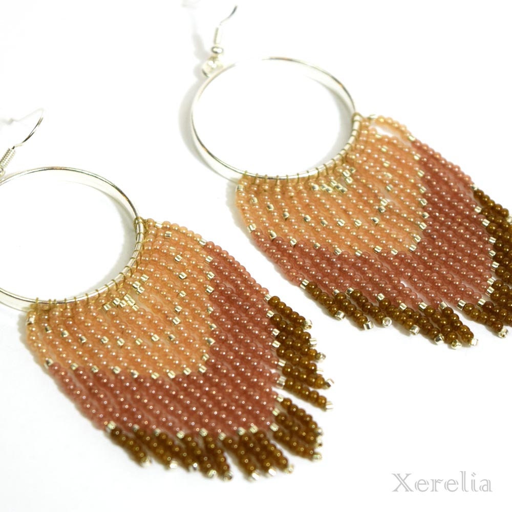 Beige Gradient Ombre Fringe Hoop Earrings