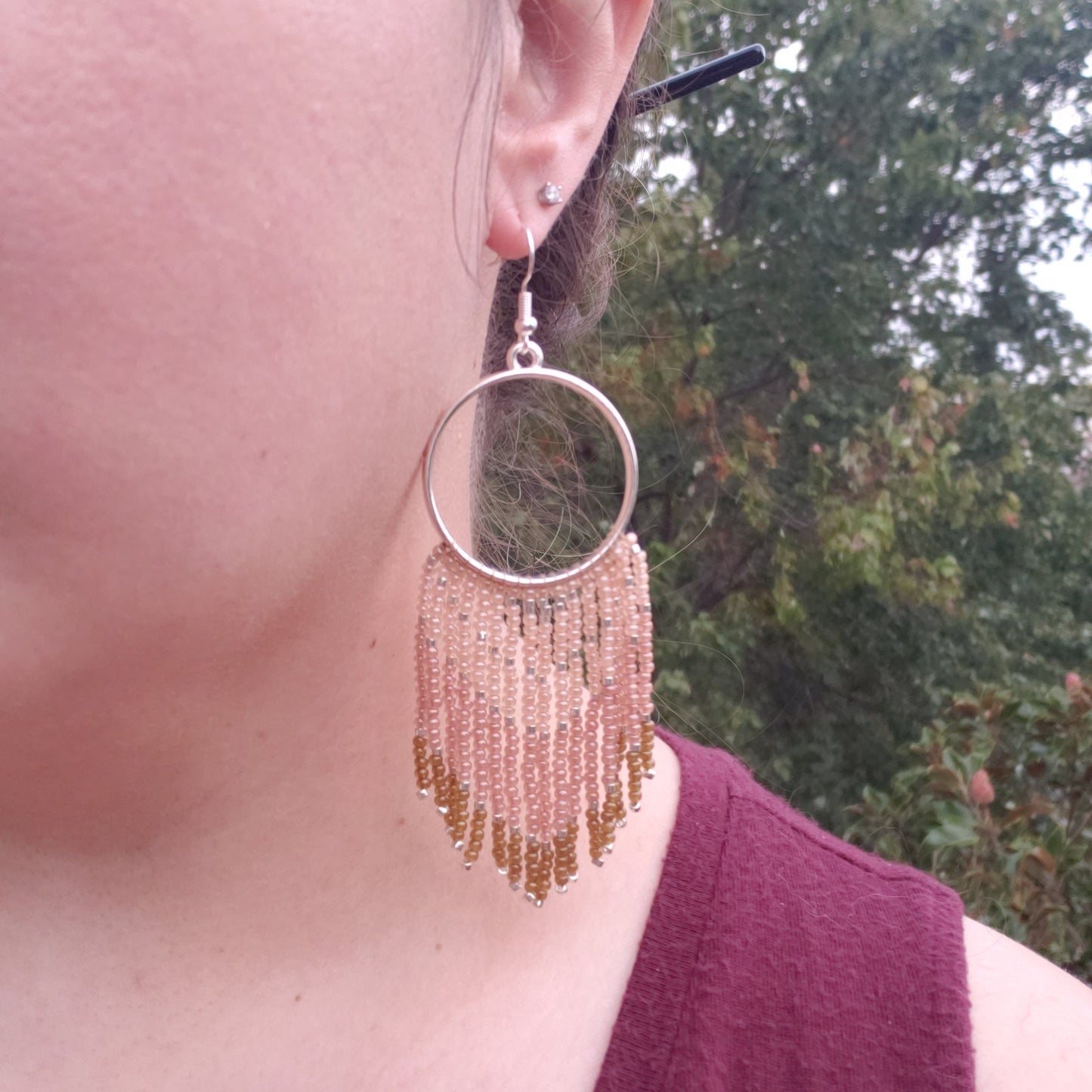 Beige Gradient Ombre Fringe Hoop Earrings