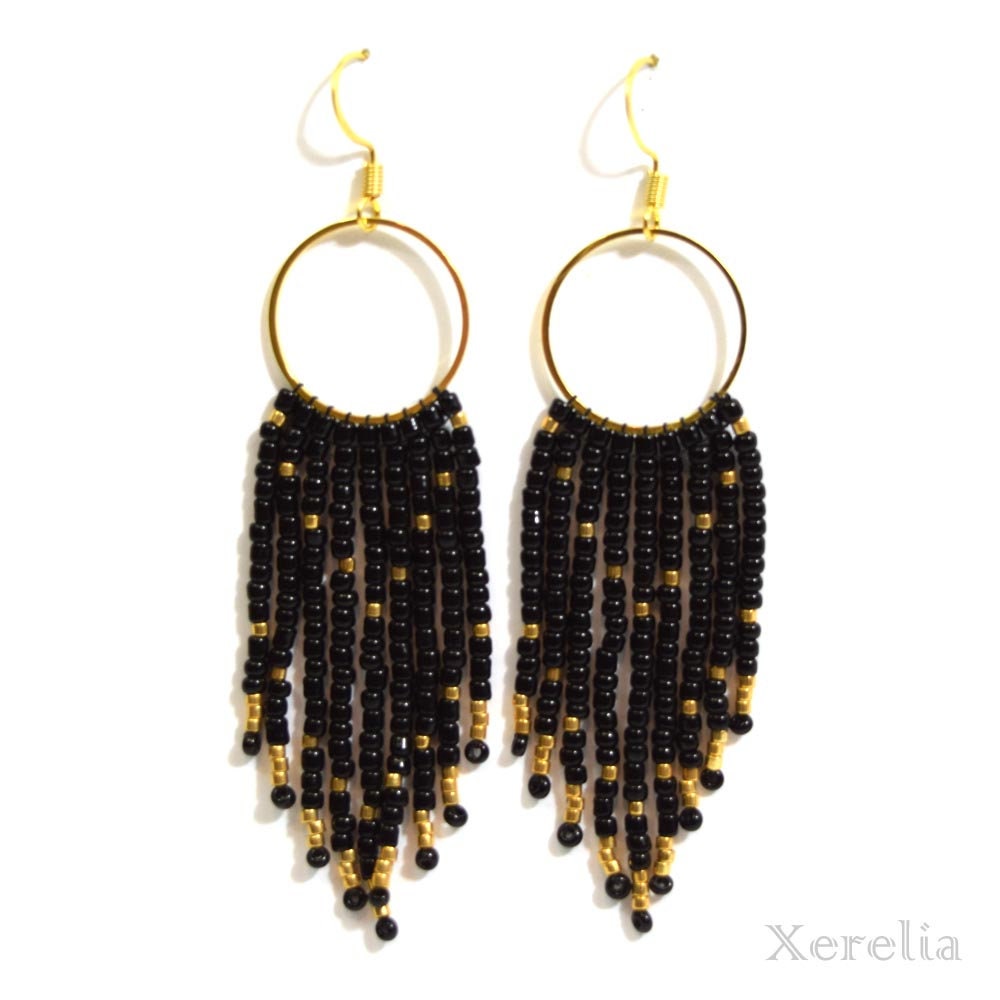 Black Fringe Hoop Beaded Earrings Silver or Gold