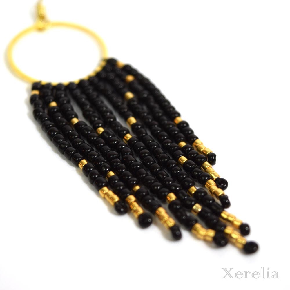 Black Fringe Hoop Beaded Earrings Silver or Gold