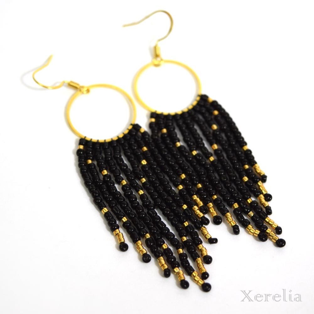 Black Fringe Hoop Beaded Earrings Silver or Gold