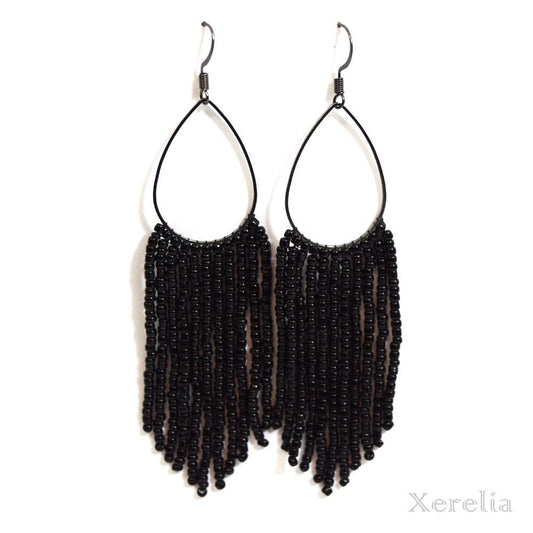 Black and Gunmetal Fringe Hoop Beaded Earrings