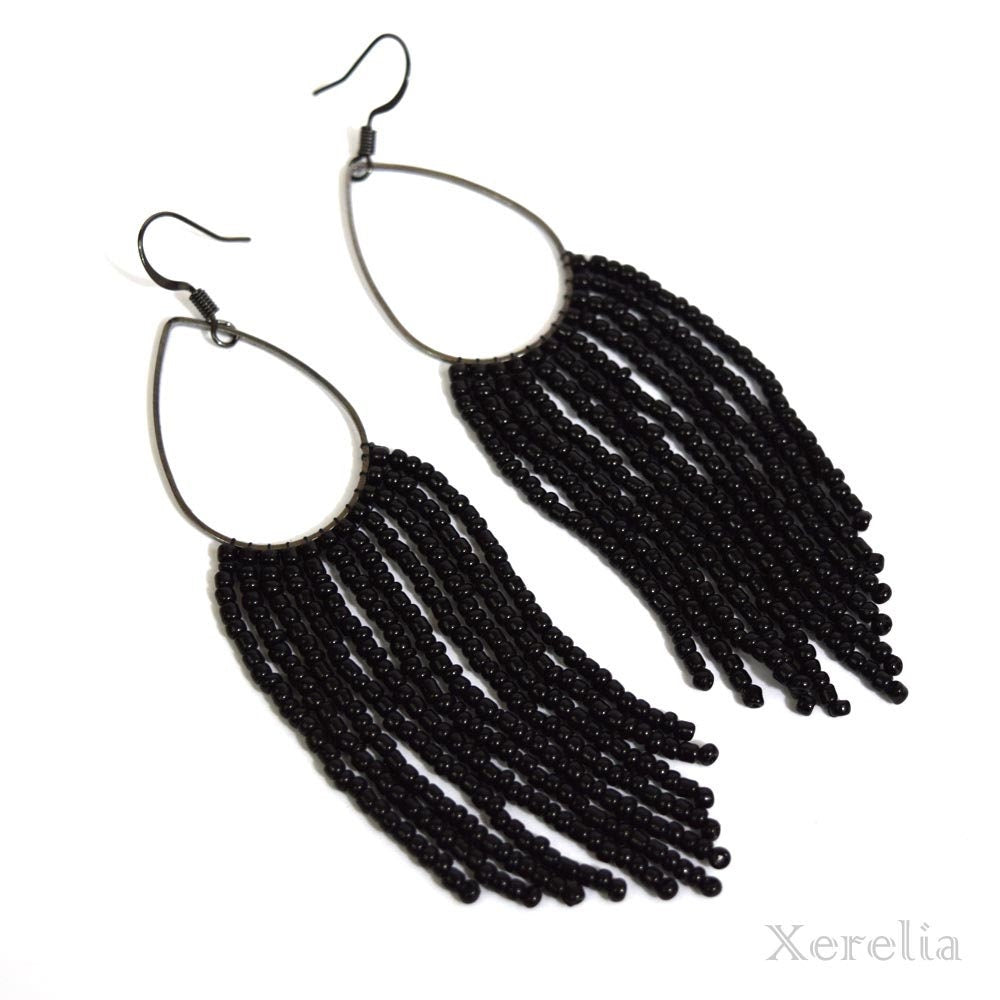 Black and Gunmetal Fringe Hoop Beaded Earrings