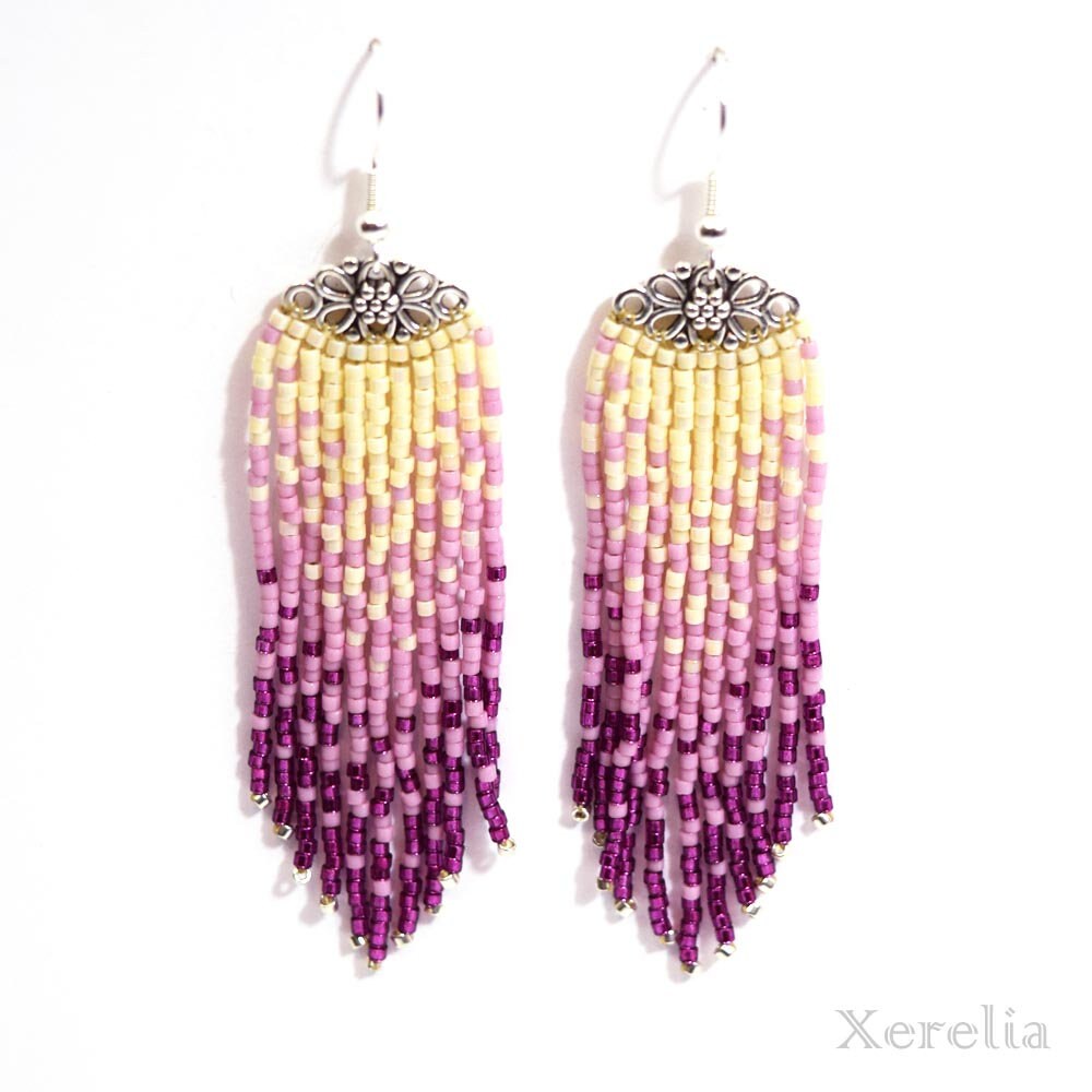 Cream and Pink Fringe Filigree Earrings