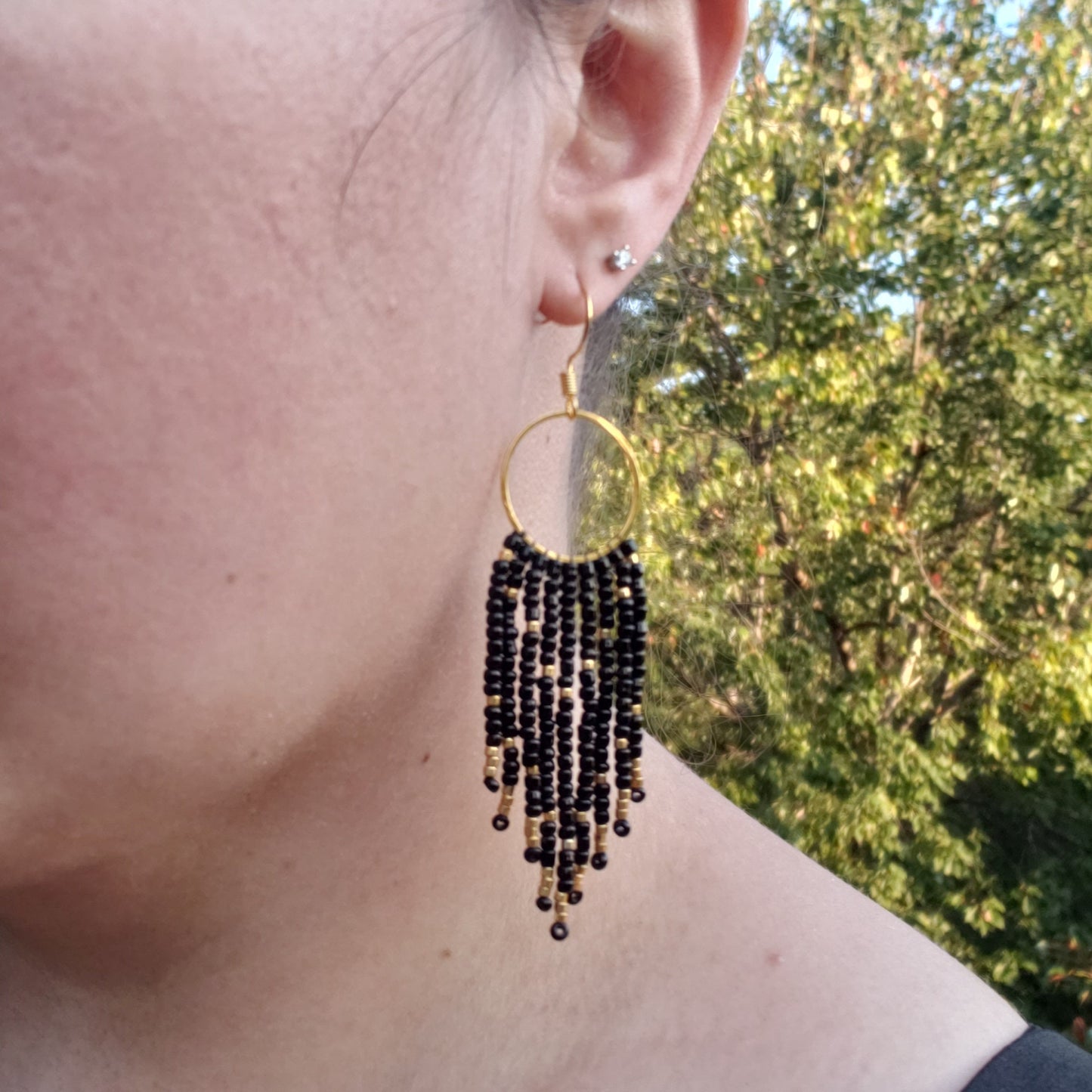 Black Fringe Hoop Beaded Earrings Silver or Gold