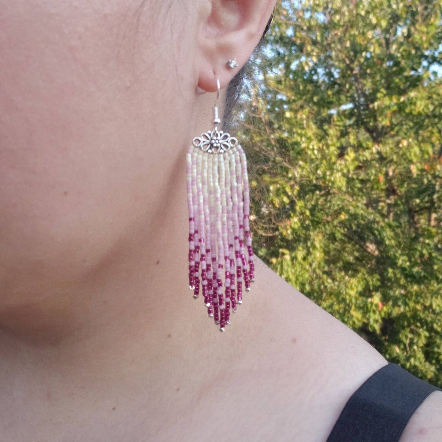 Cream and Pink Fringe Filigree Earrings