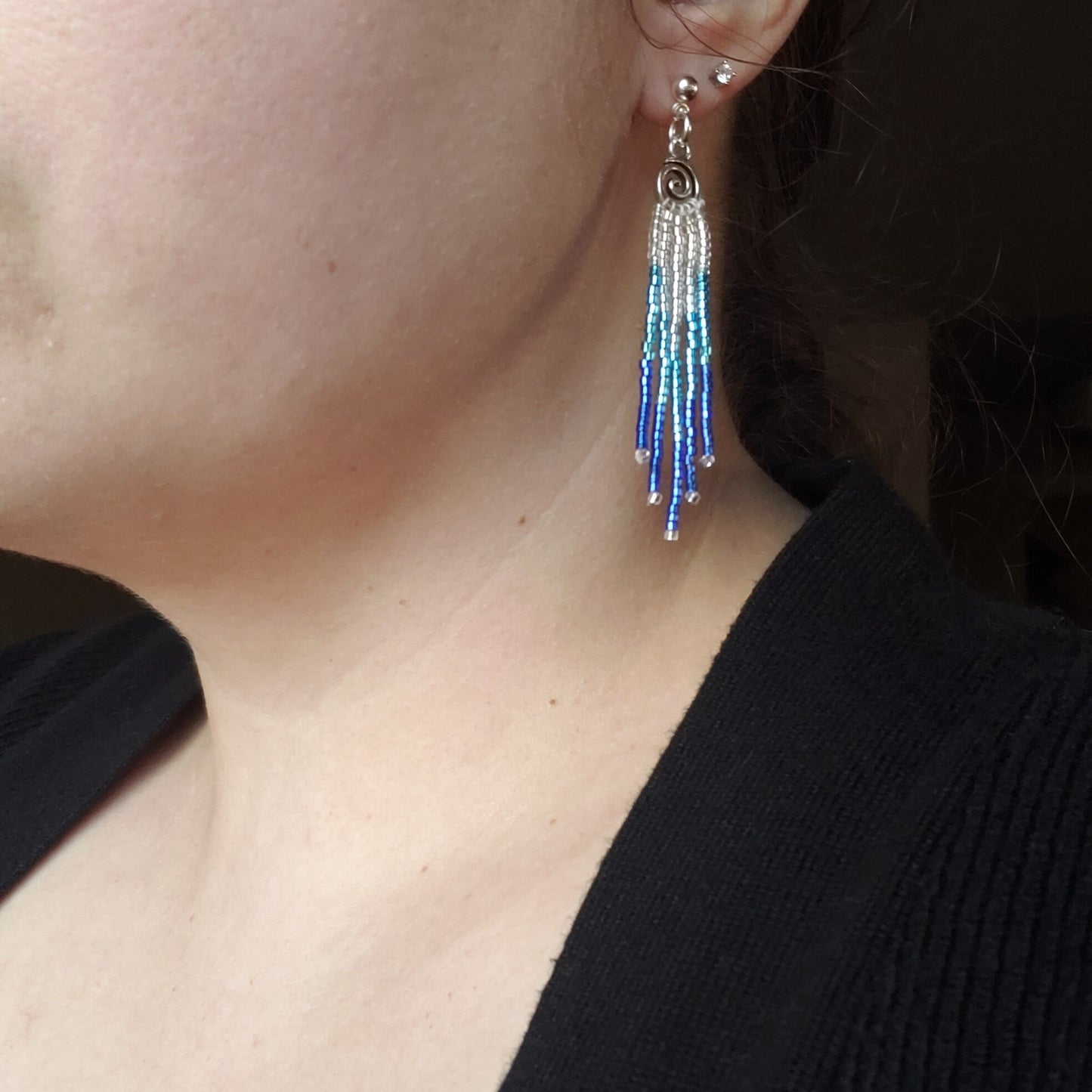 Blue Ombre Swirl Fringe Earrings