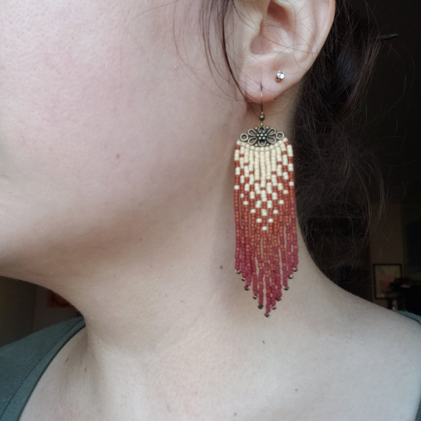 Cream and Brown Fringe Filigree Earrings