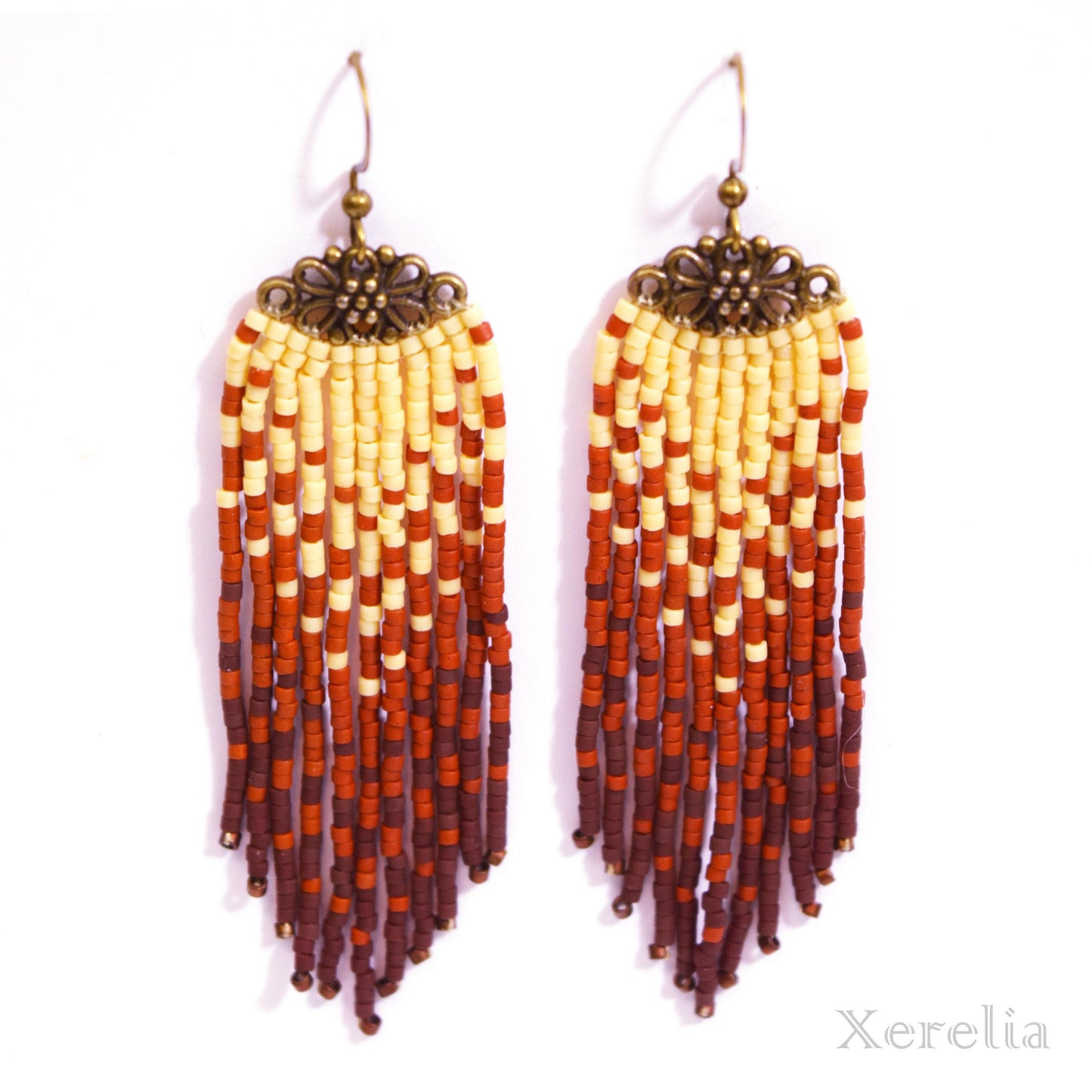 Cream and Brown Fringe Filigree Earrings