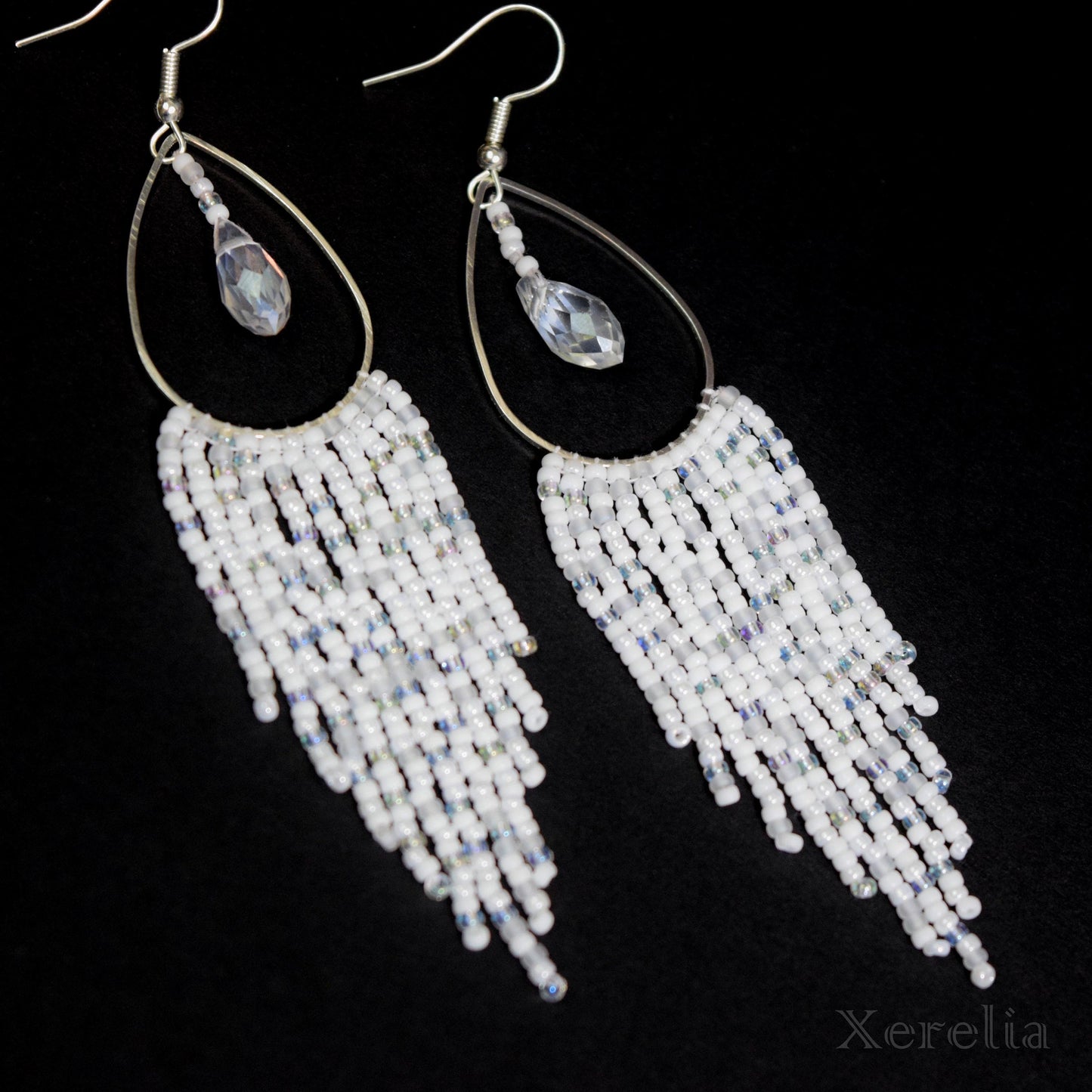 White Teardrop Hoop Fringe Earrings