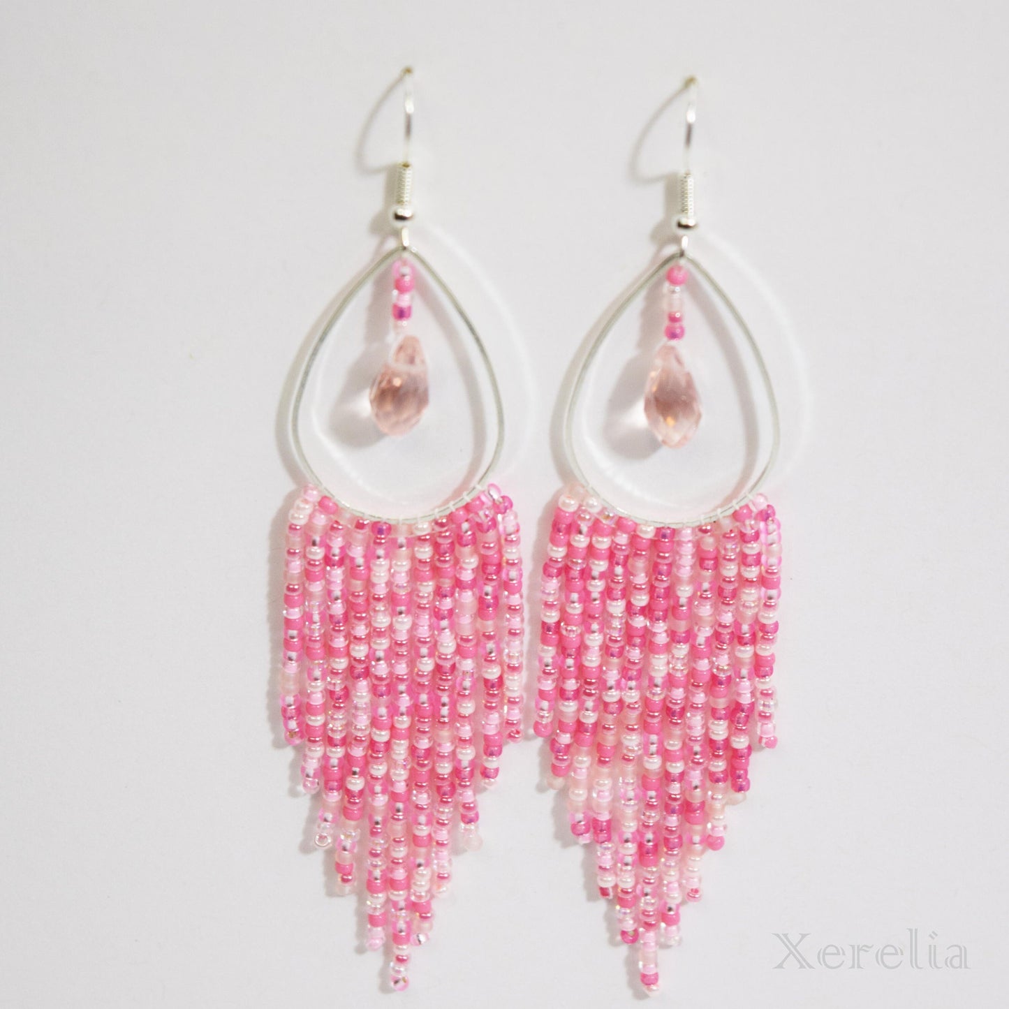 Pink Pearlescent Teardrop Hoop Fringe Earrings