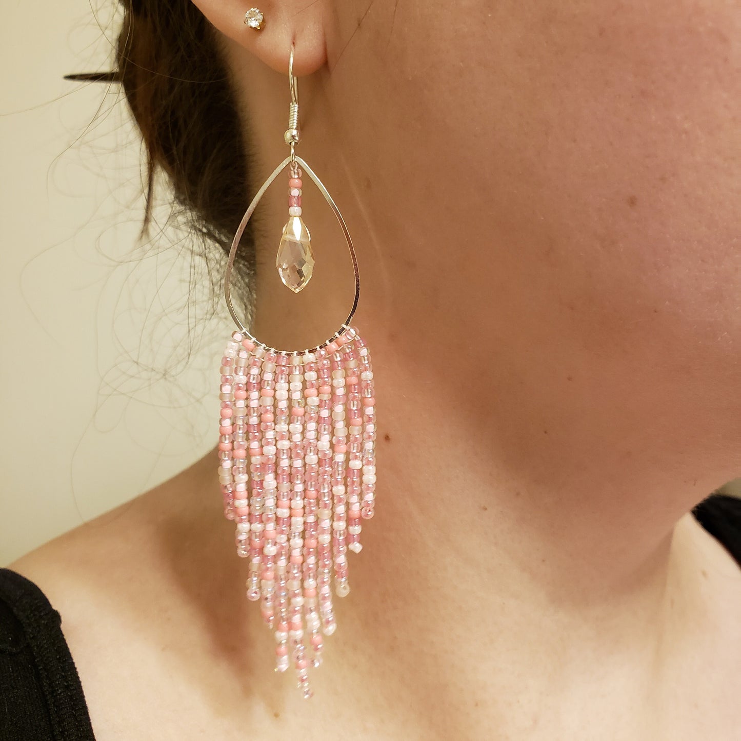 Pink Pearlescent Teardrop Hoop Fringe Earrings