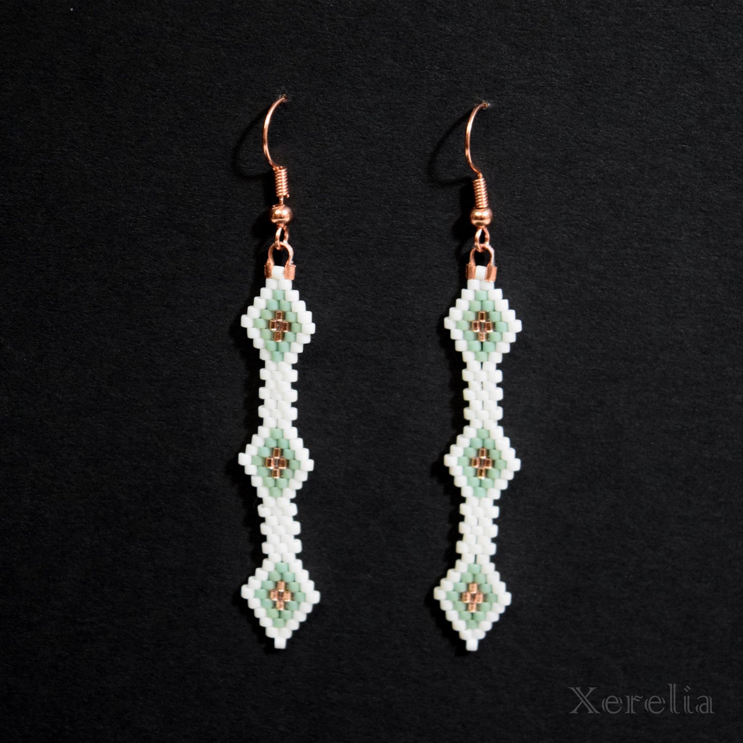 White Green and Copper Earrings