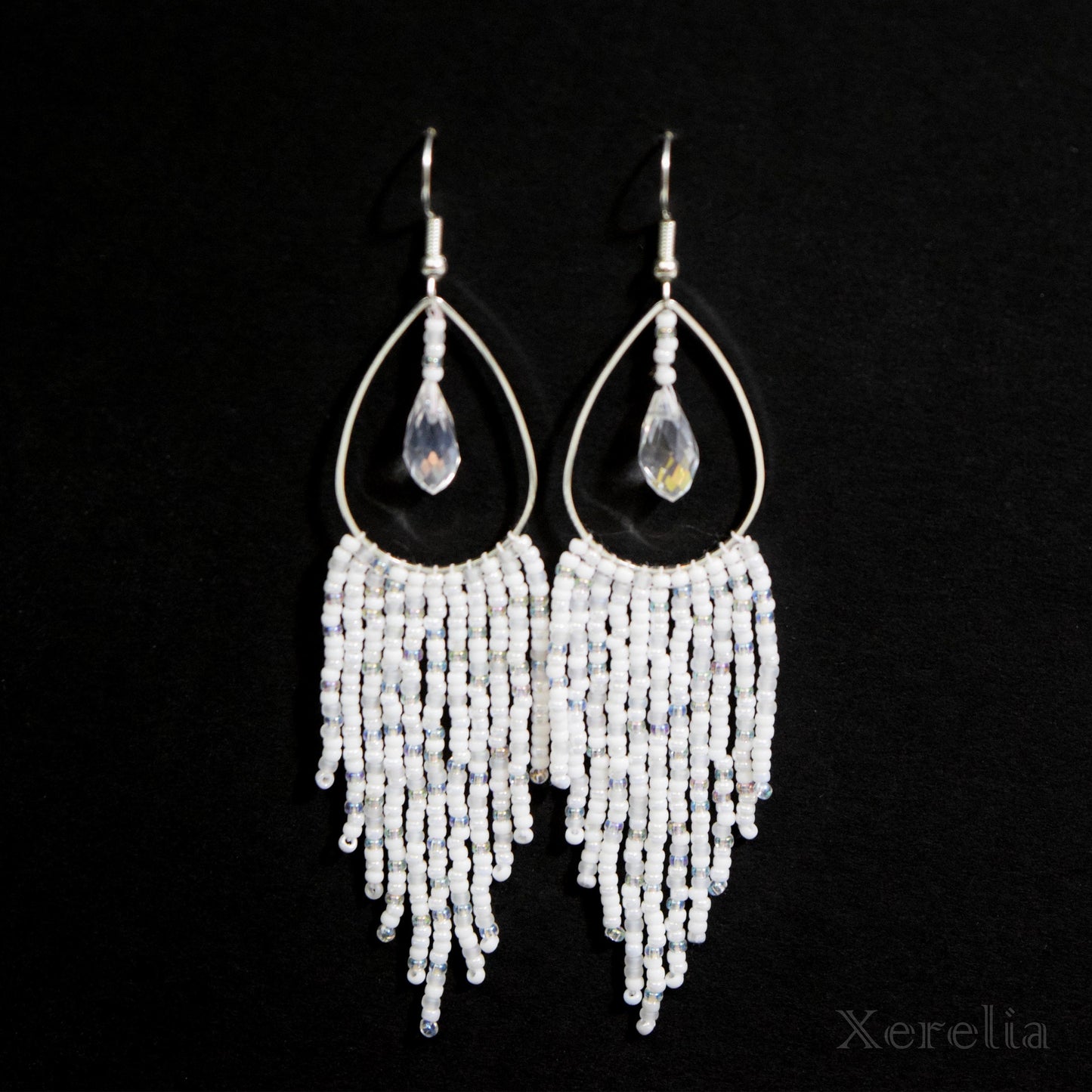 White Teardrop Hoop Fringe Earrings