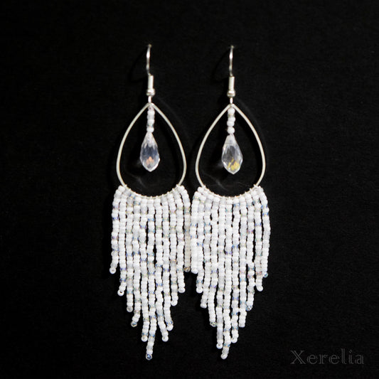 White Teardrop Hoop Fringe Earrings