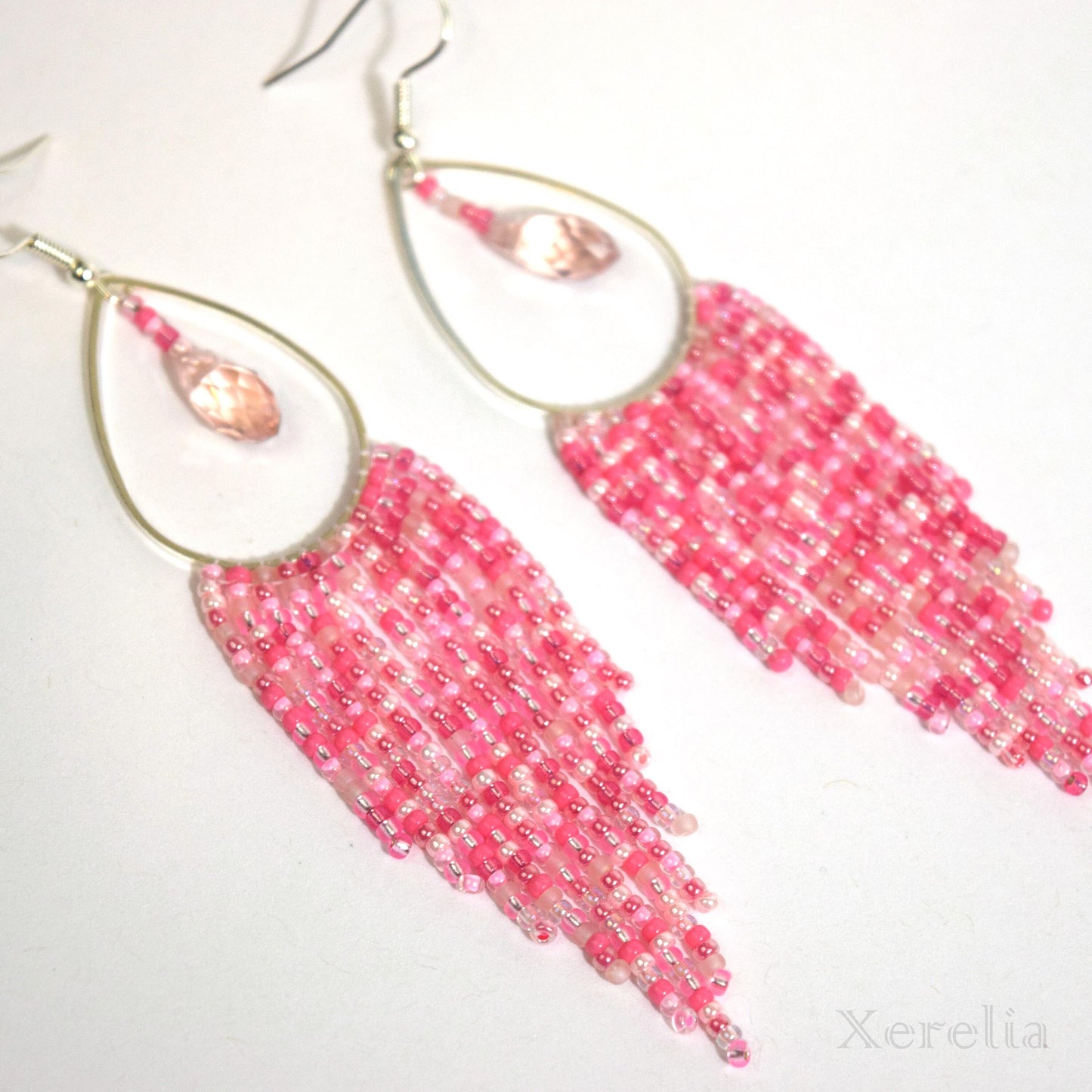 Pink Pearlescent Teardrop Hoop Fringe Earrings