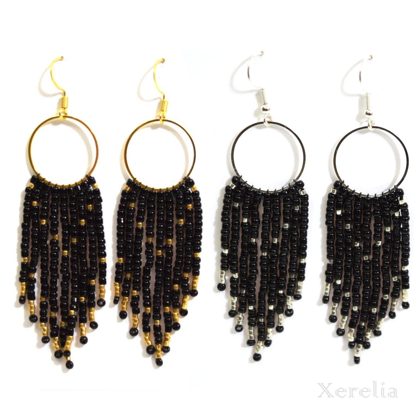 Black Fringe Hoop Beaded Earrings Silver or Gold