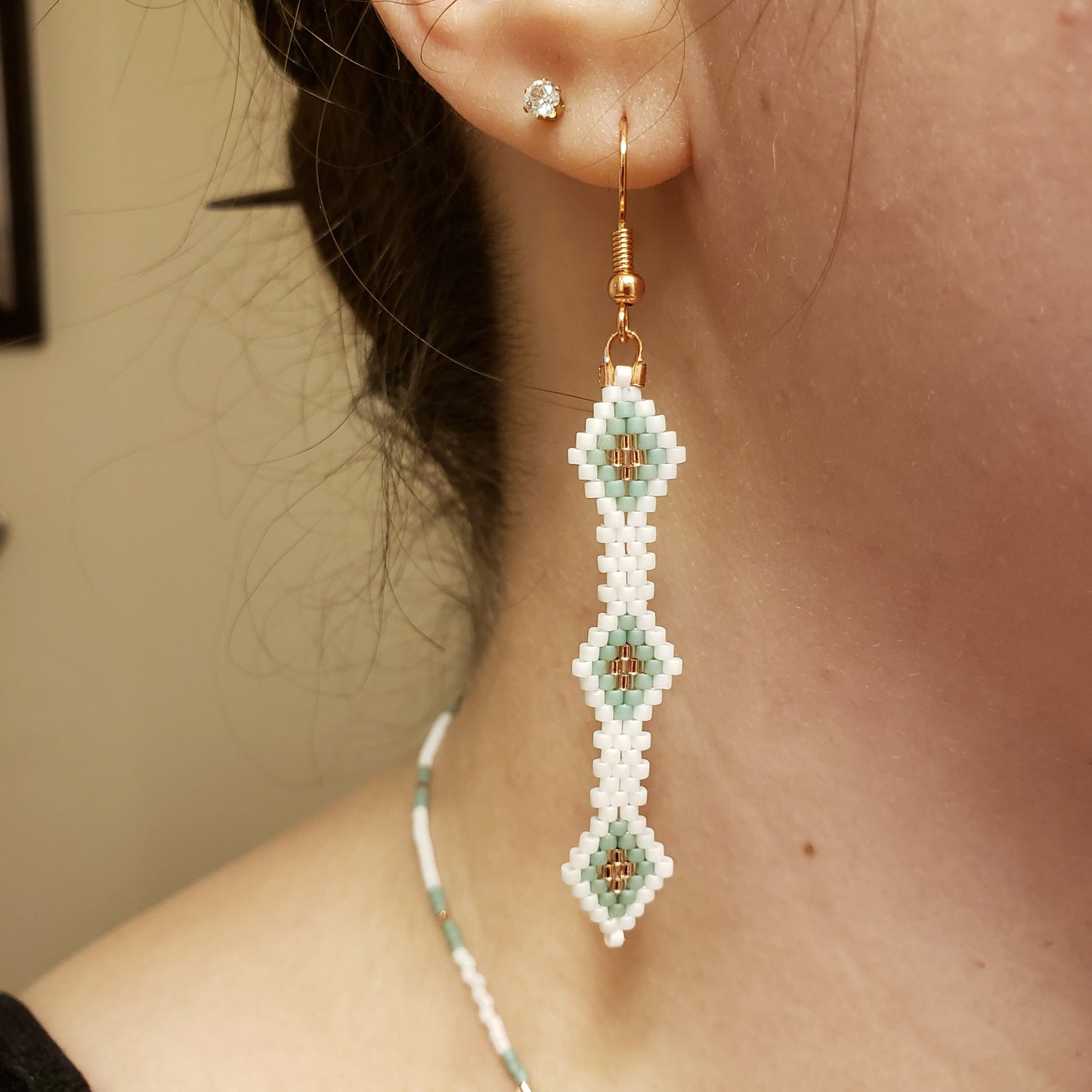 White Green and Copper Earrings