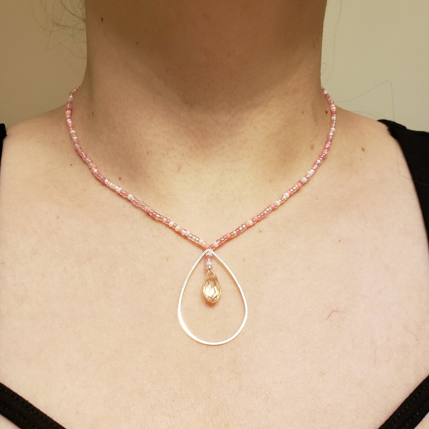 Pink Pearlescent Teardrop Hoop Necklace