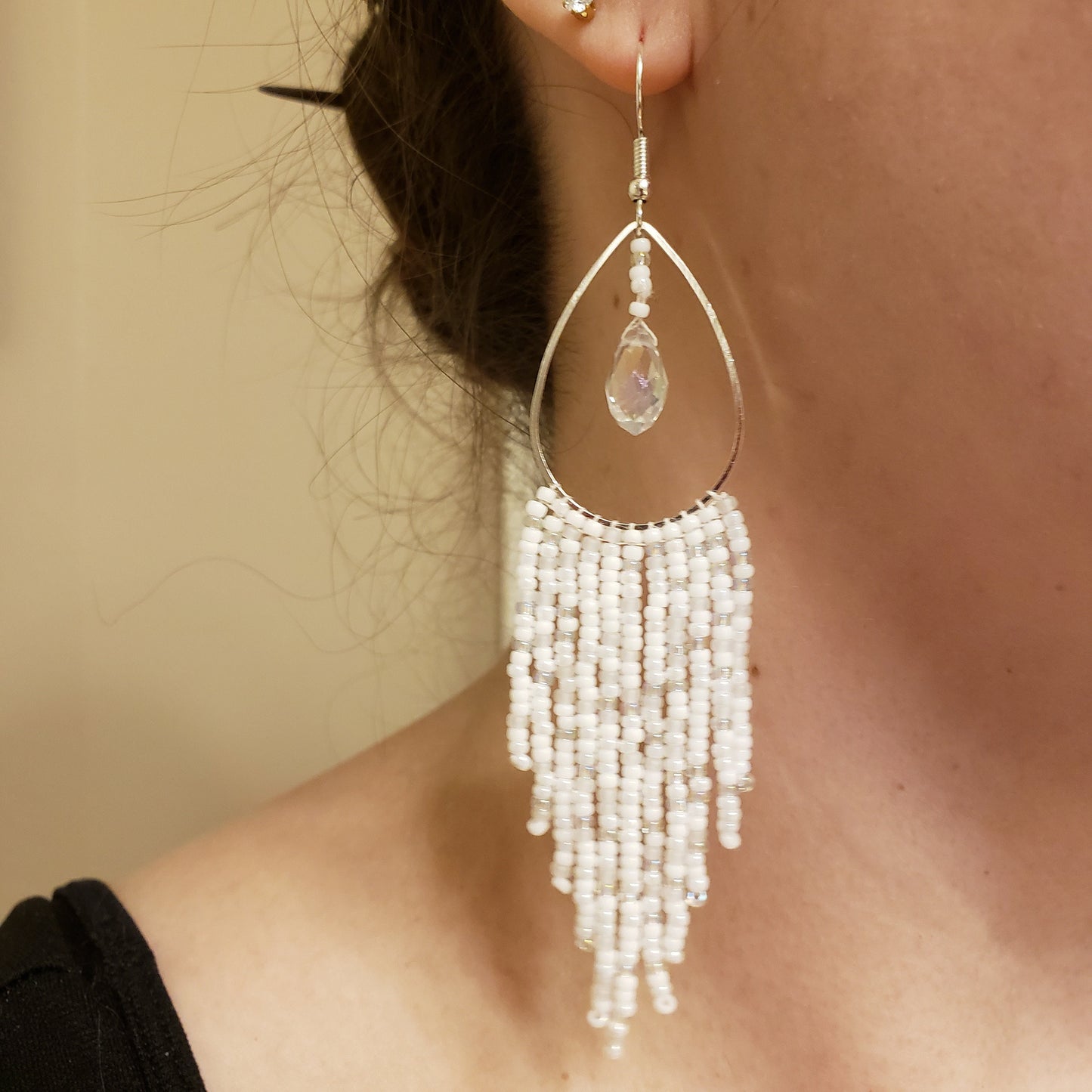 White Teardrop Hoop Fringe Earrings