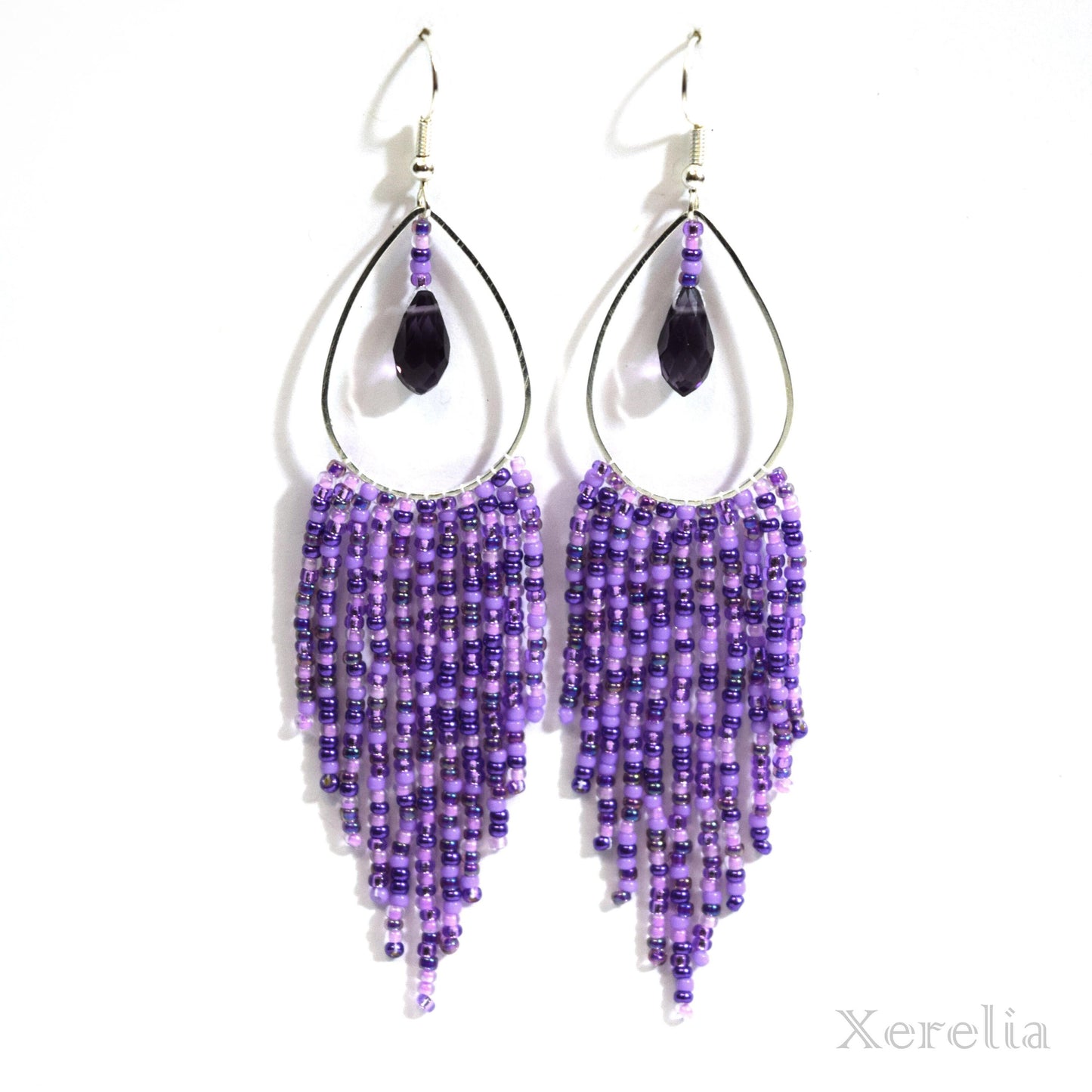 Purple Teardrop Hoop Fringe Earrings