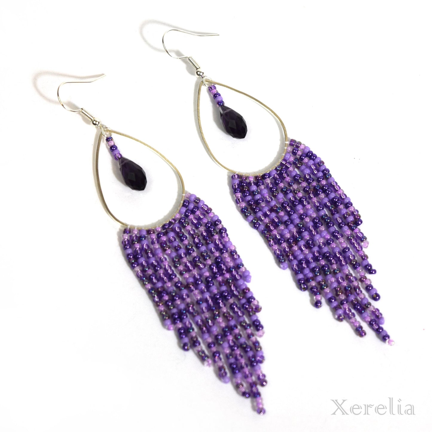 Purple Teardrop Hoop Fringe Earrings