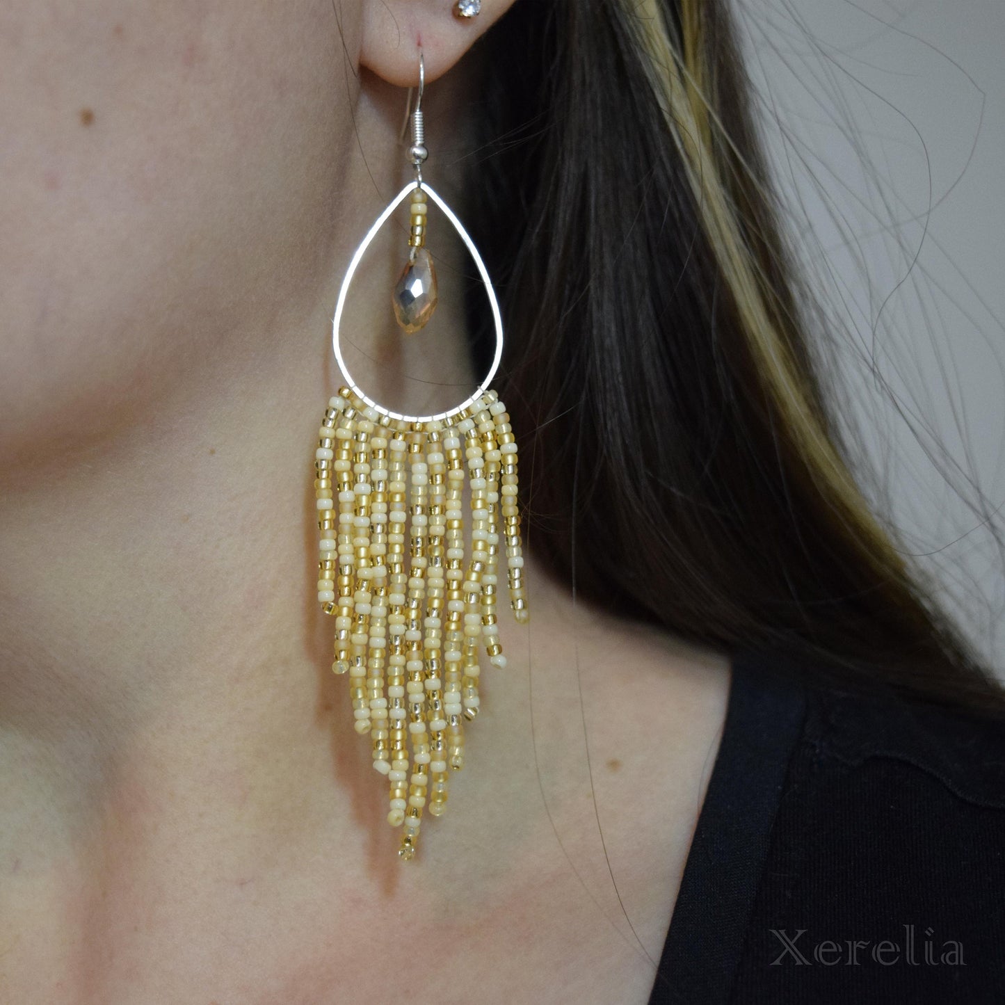 Champagne Teardrop Hoop Fringe Earrings