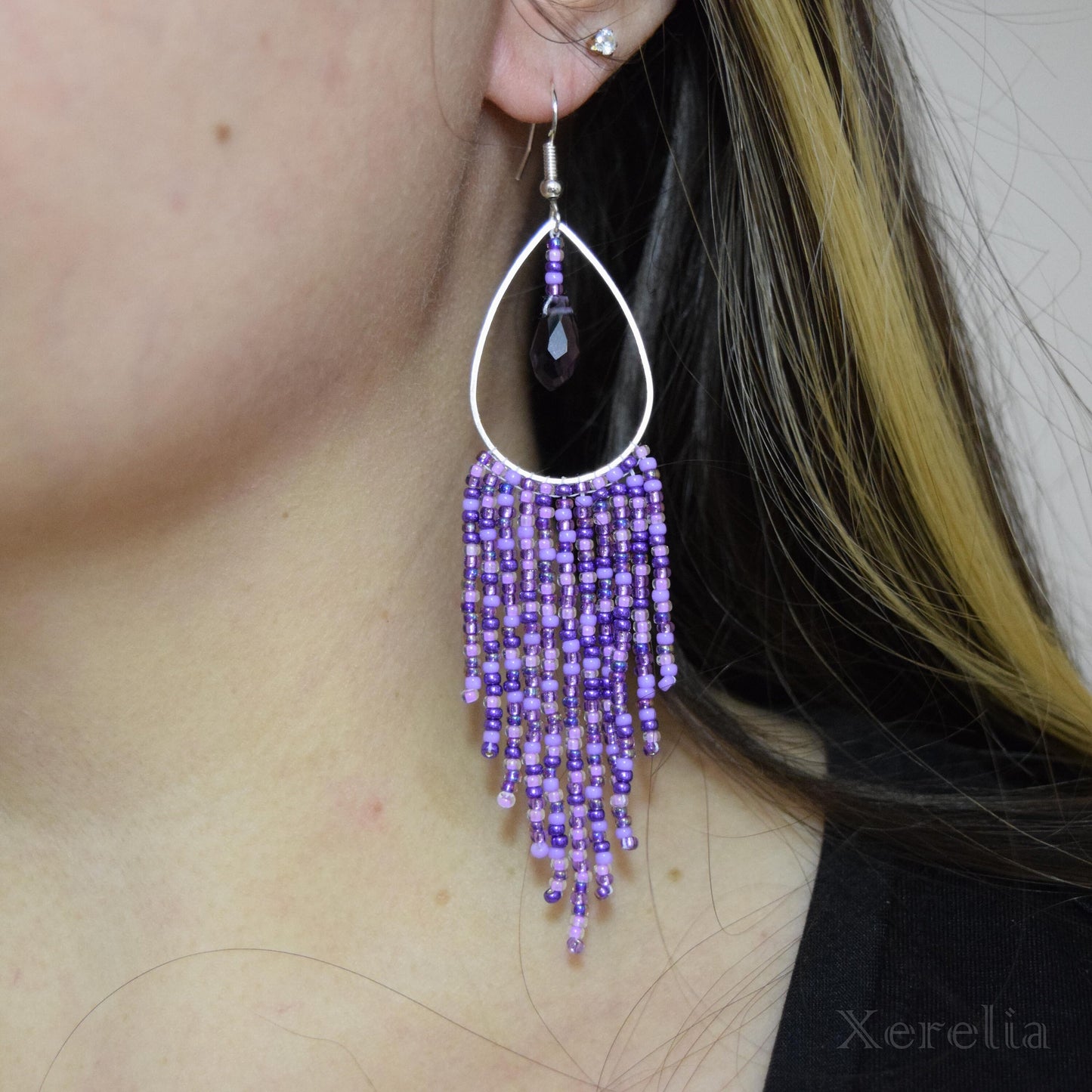 Purple Teardrop Hoop Fringe Earrings