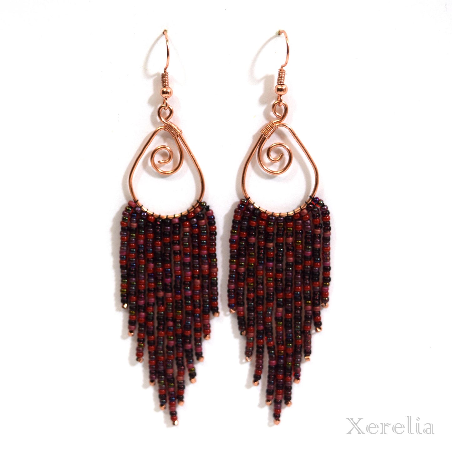 Wine Color Teardrop Fringe Hoop Earrings