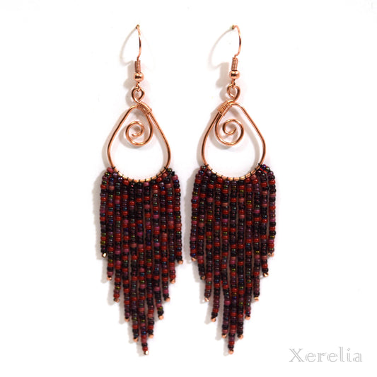 Wine Color Teardrop Fringe Hoop Earrings